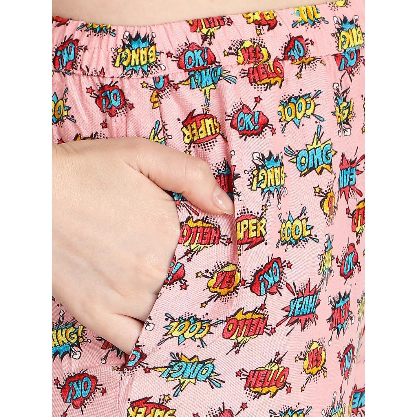 Pink Casual Wear Printed Rayon Night Suit - Peachmode