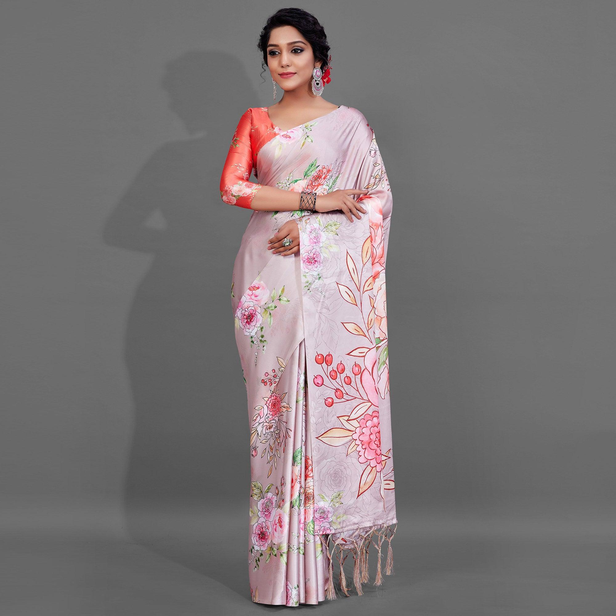Pink Casual Wear Printed Satin Silk Saree - Peachmode