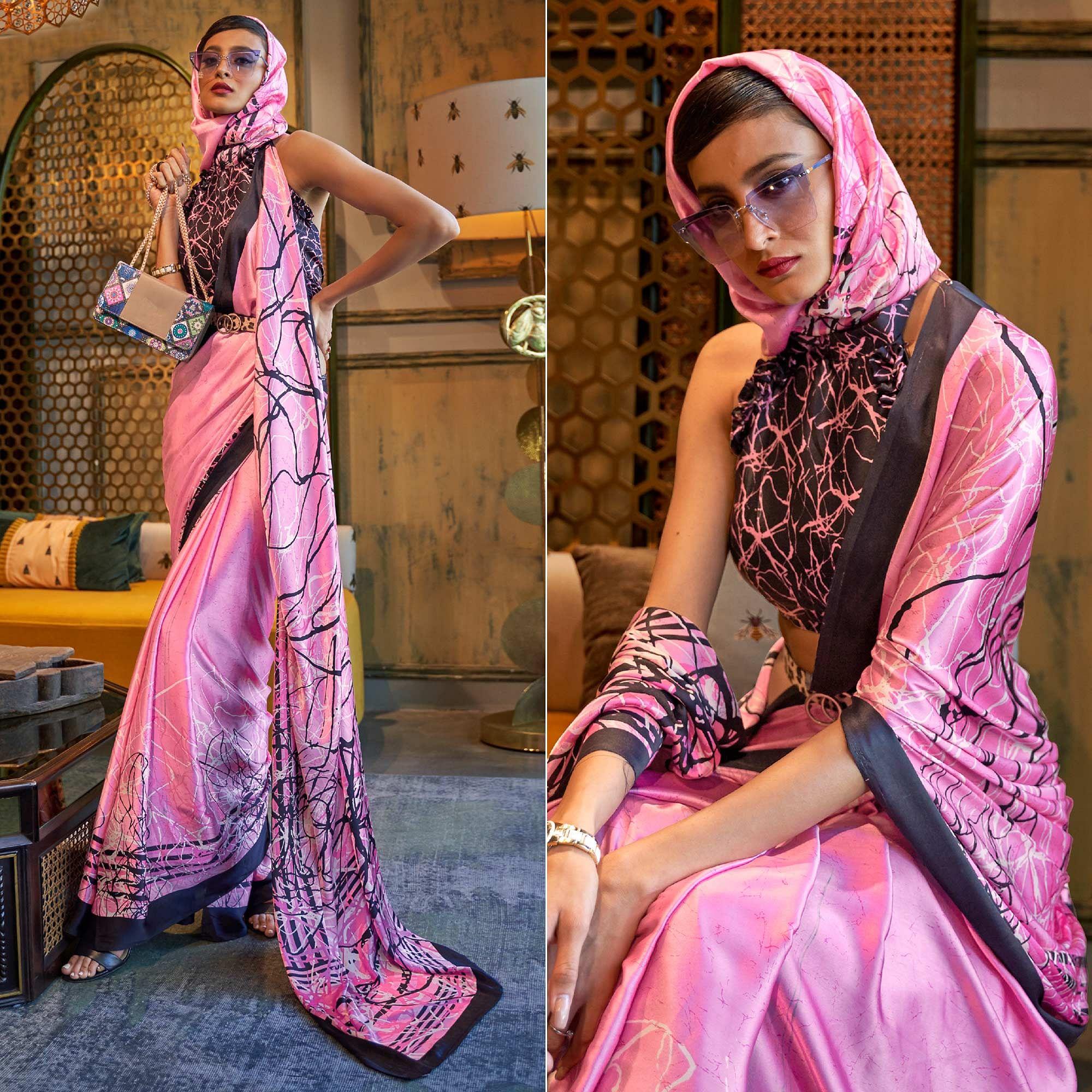 Pink Casual Wear Printed Satin Silk Saree - Peachmode
