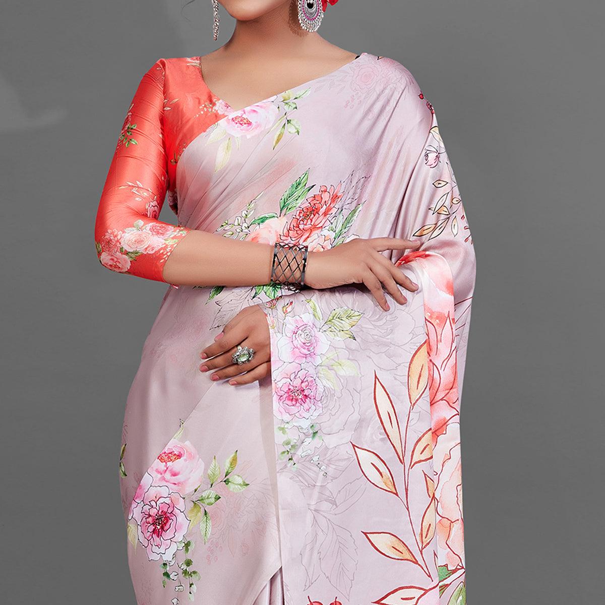 Pink Casual Wear Printed Satin Silk Saree - Peachmode