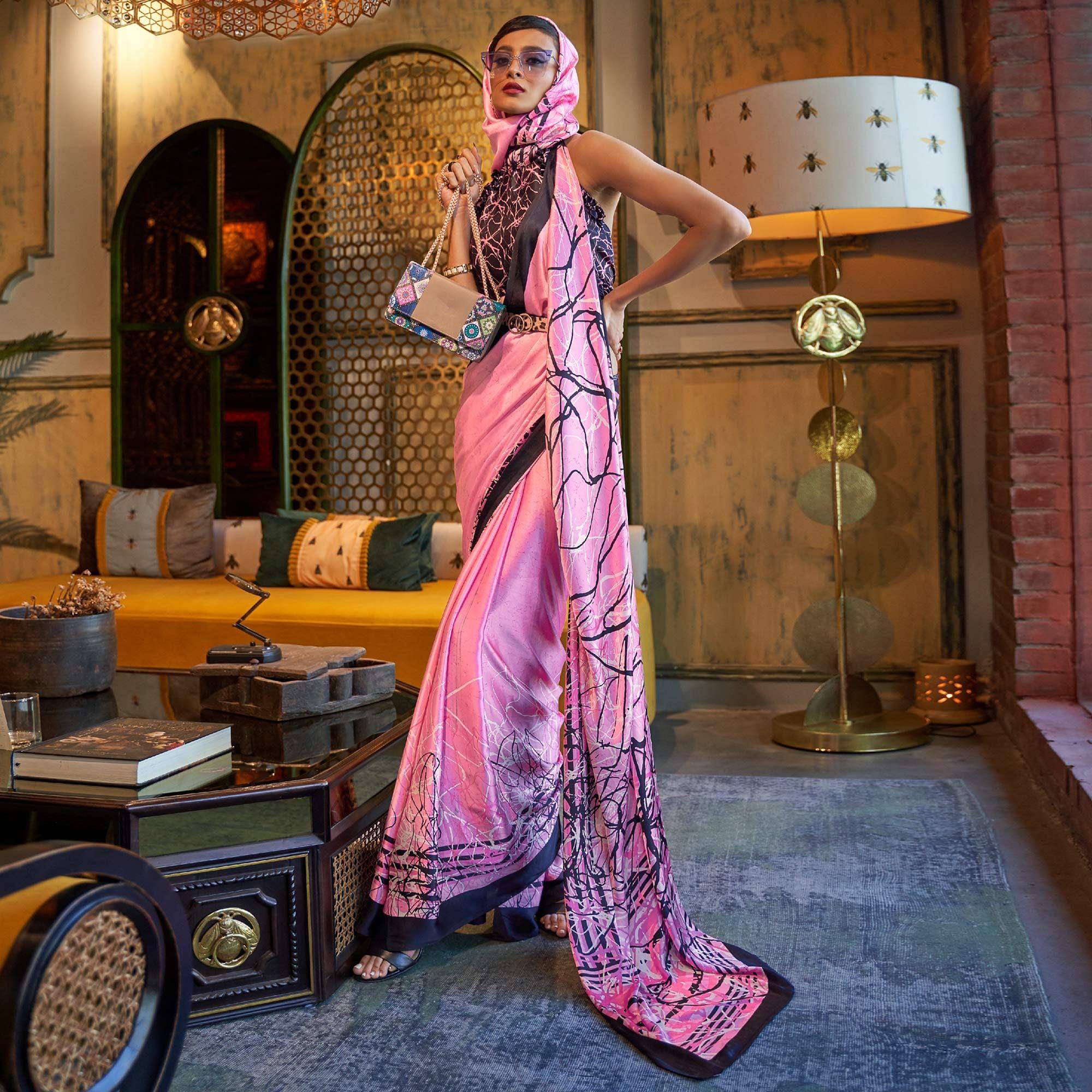 Pink Casual Wear Printed Satin Silk Saree - Peachmode