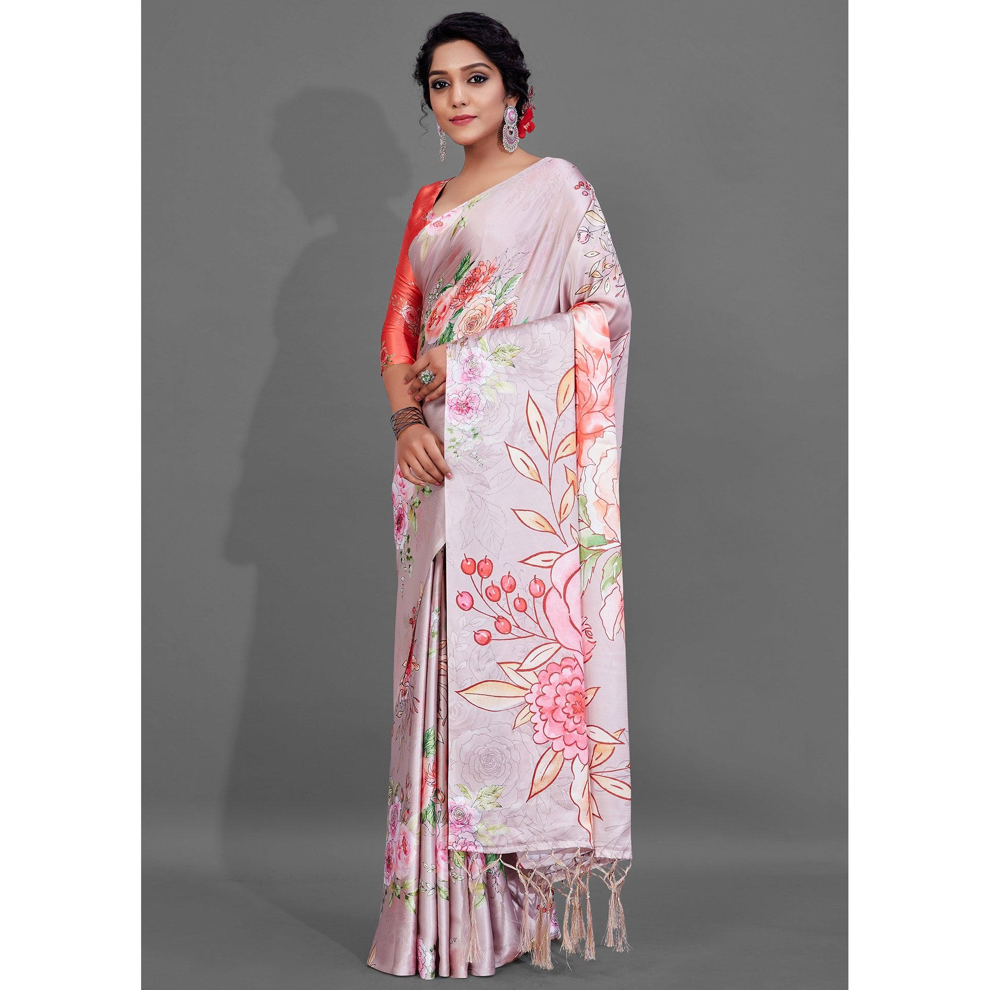 Pink Casual Wear Printed Satin Silk Saree - Peachmode