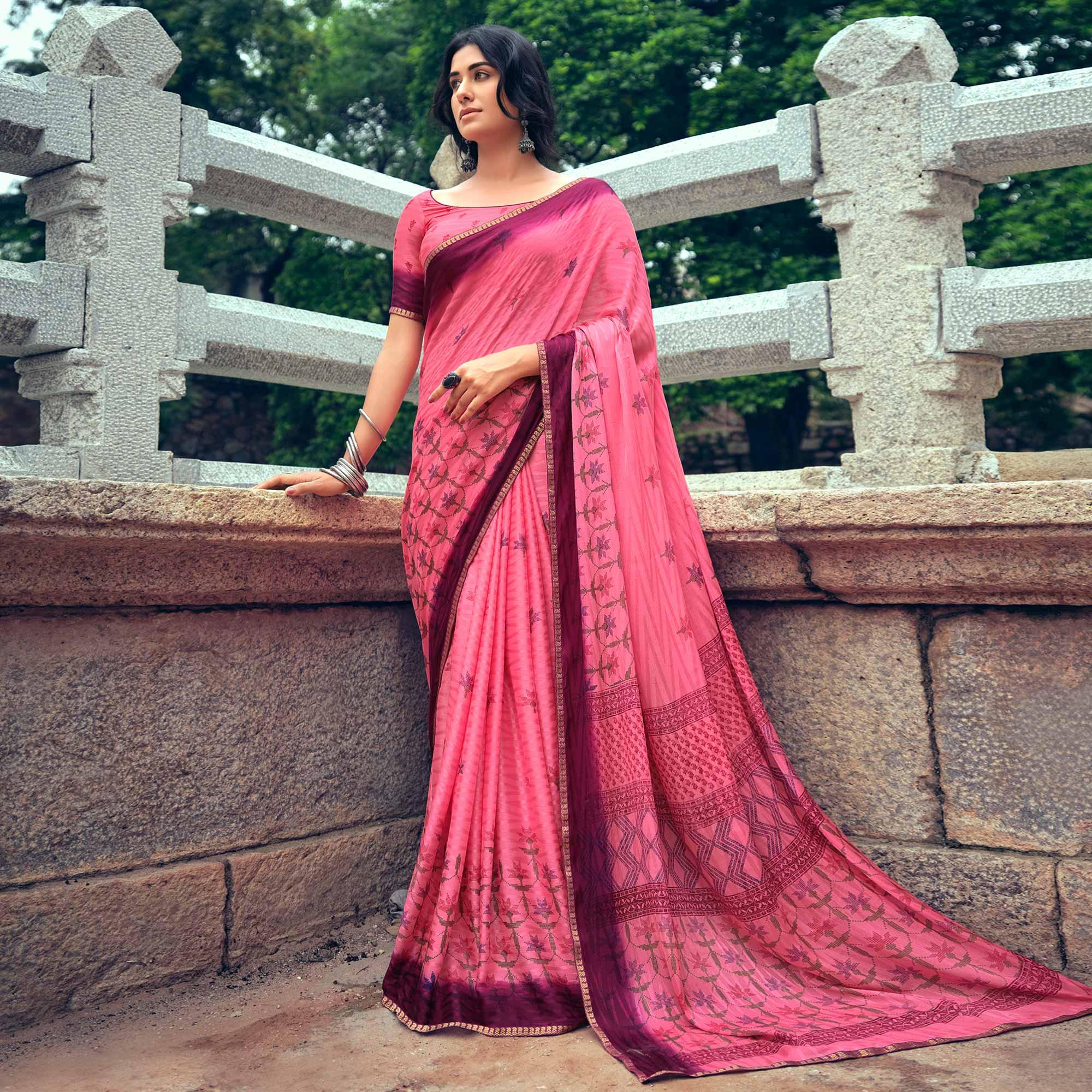 Pink Casual Wear Printed Silk Saree - Peachmode