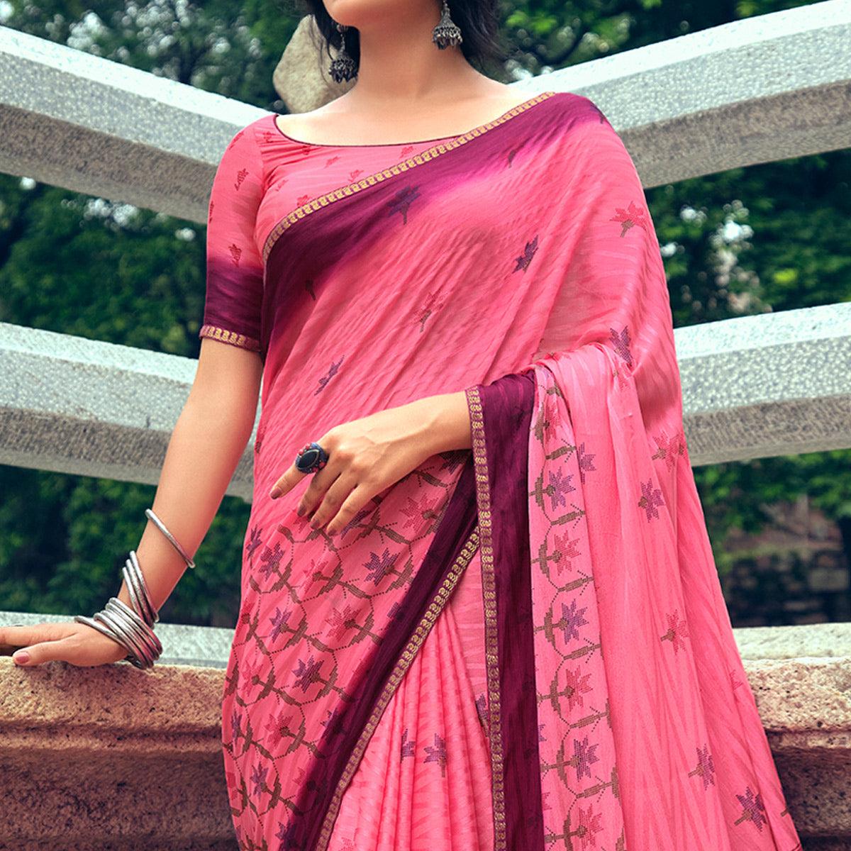 Pink Casual Wear Printed Silk Saree - Peachmode