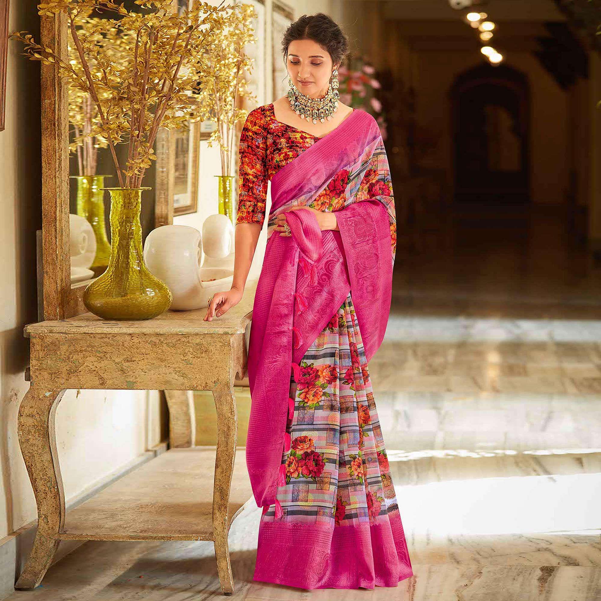Pink Casual Wear Printed Soft Cotton Saree - Peachmode