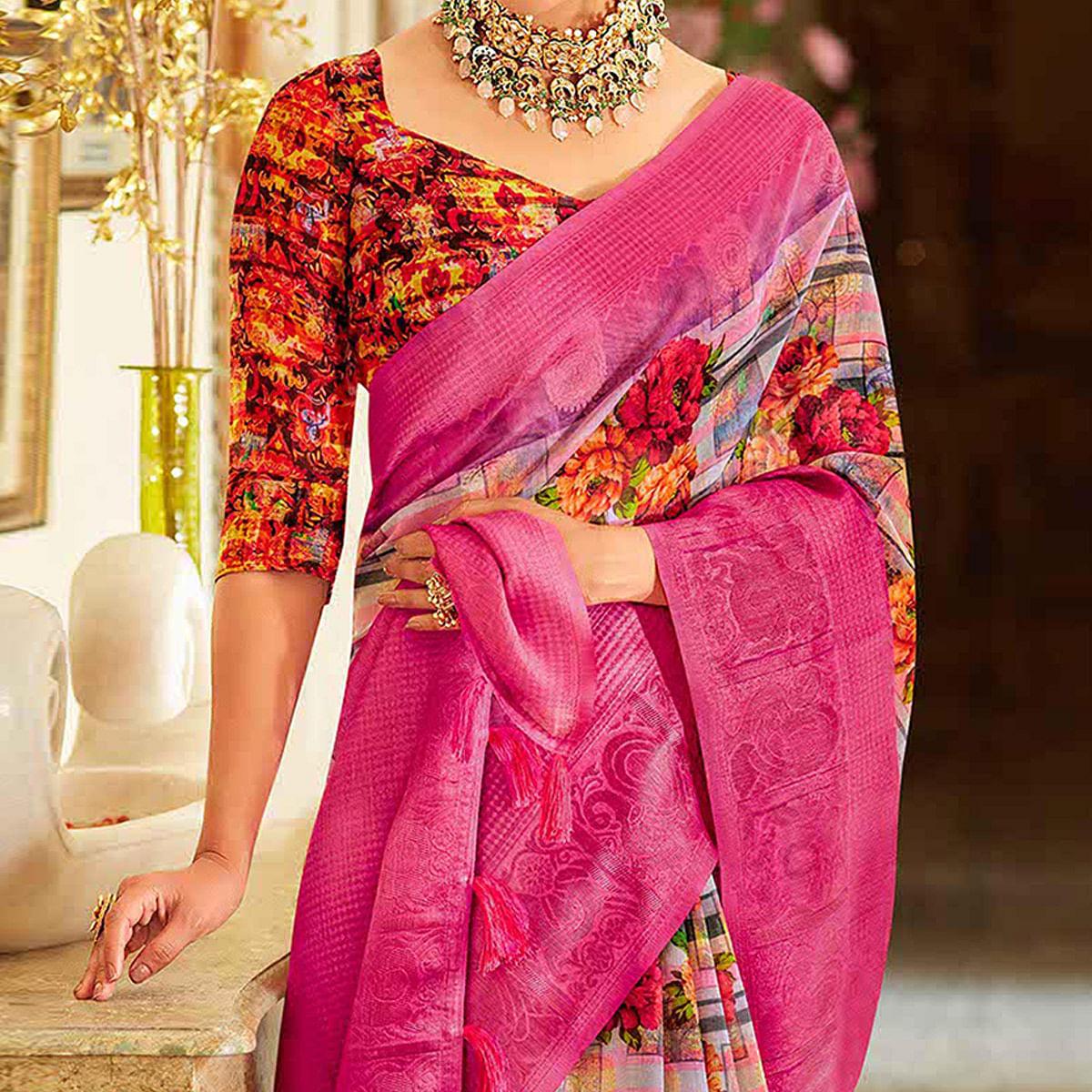 Pink Casual Wear Printed Soft Cotton Saree - Peachmode