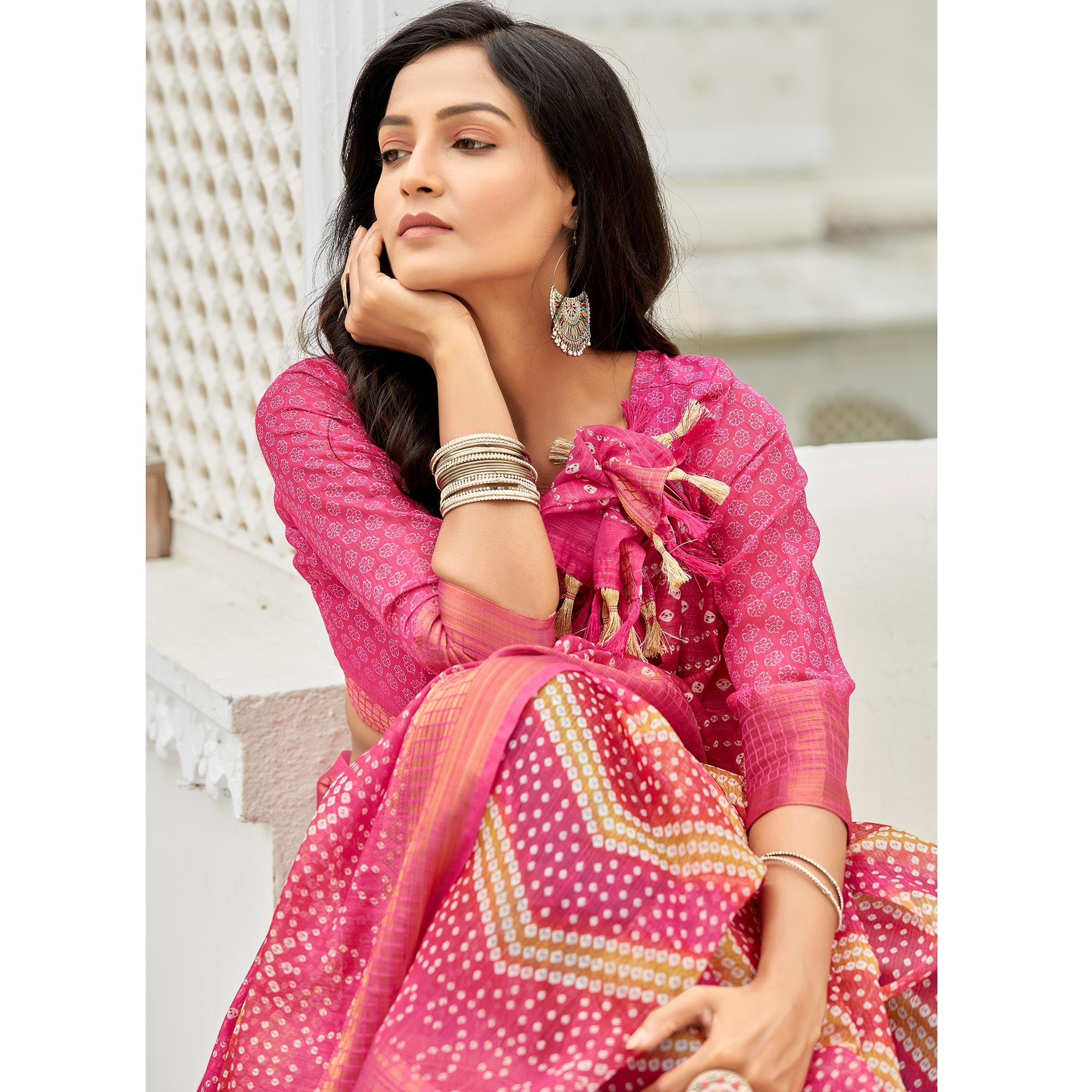 Pink Casual Wear Printed Soft Linen Saree - Peachmode