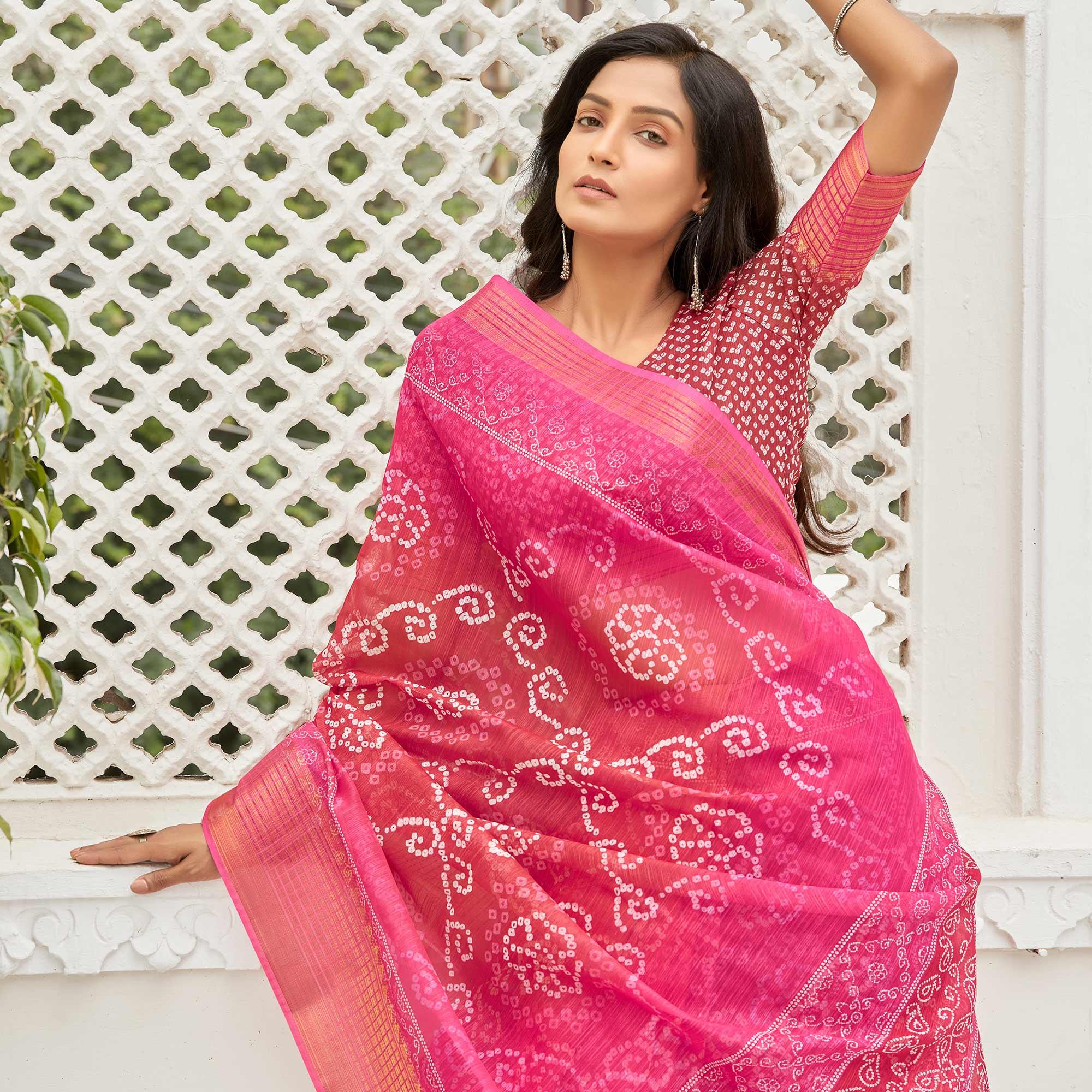 Pink Casual Wear Printed Soft Linen Saree - Peachmode