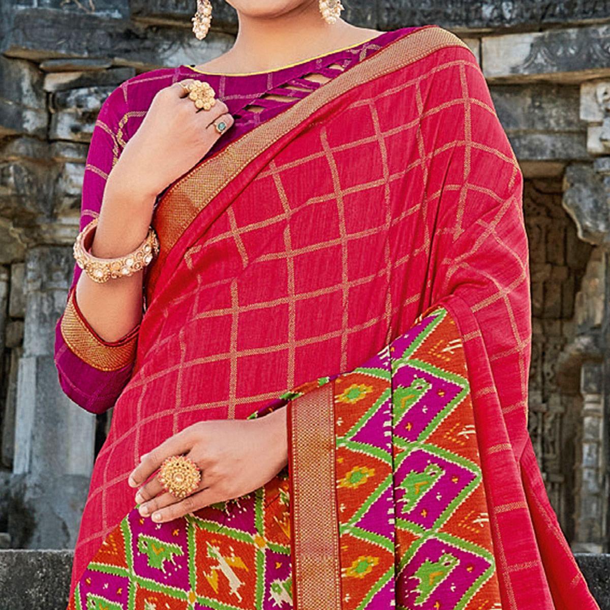 Pink Casual Wear Printed Tussar Silk Saree - Peachmode
