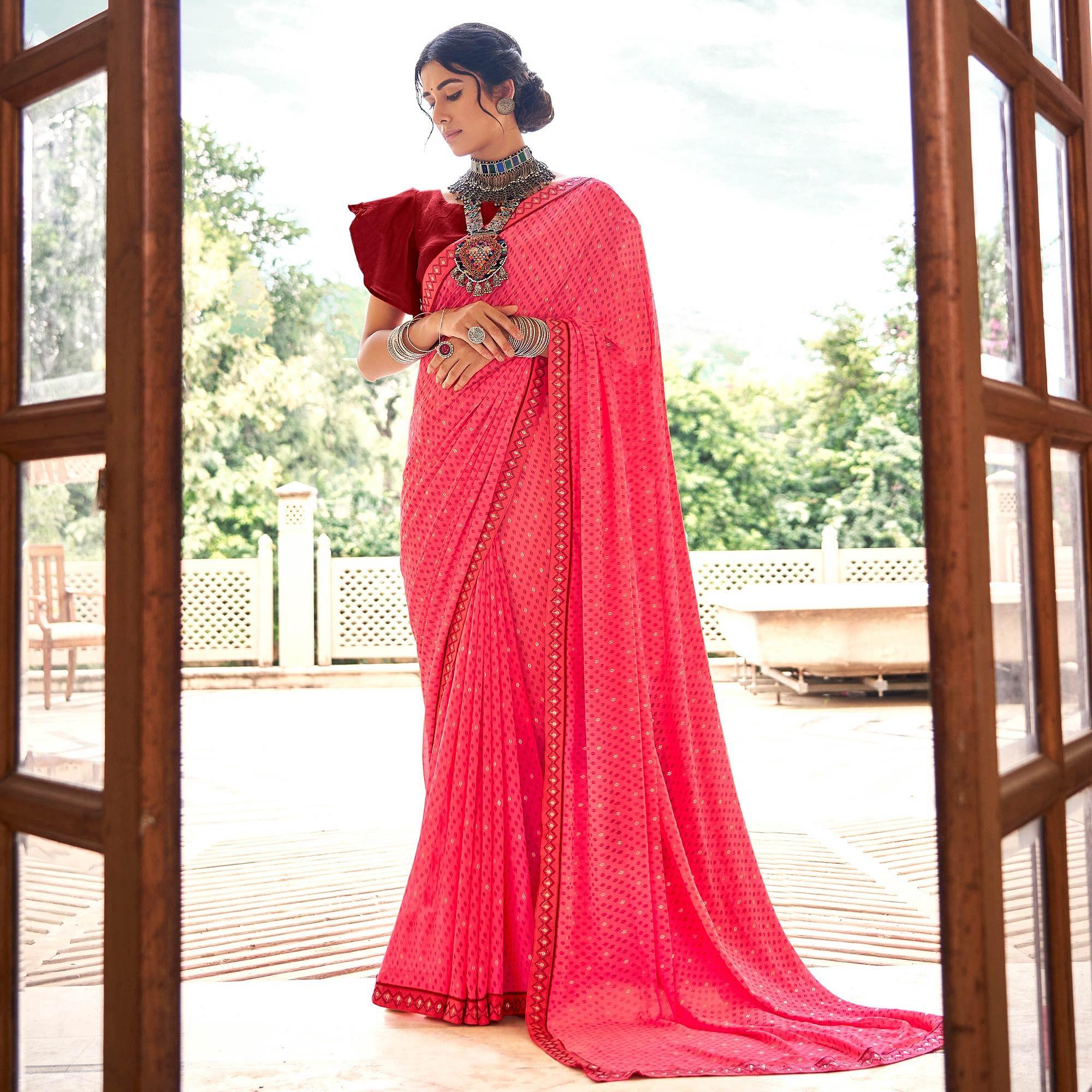 Pink Casual Wear Printed Weightless Georgette Saree - Peachmode