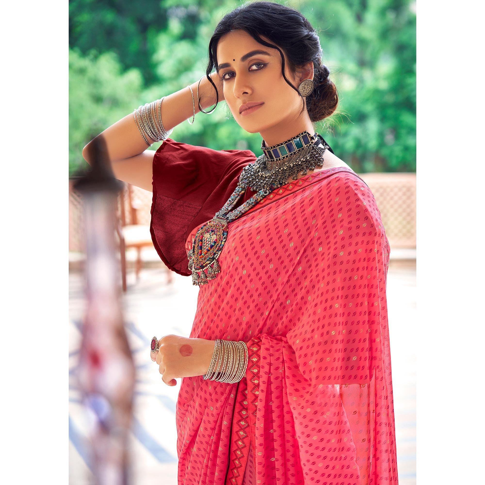 Pink Casual Wear Printed Weightless Georgette Saree - Peachmode