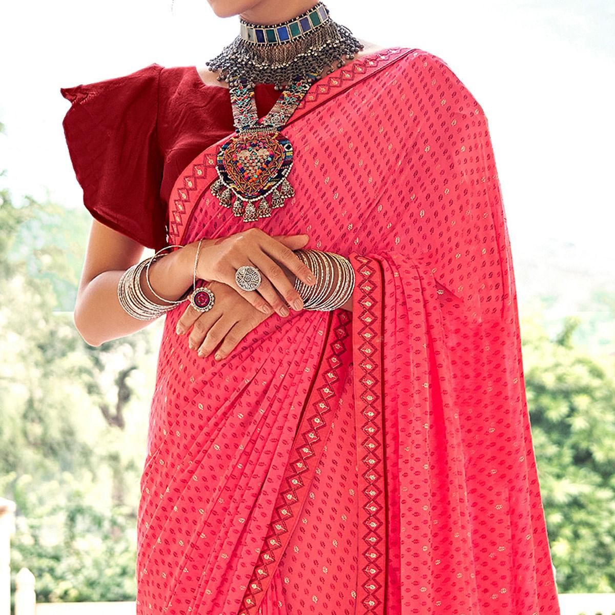 Pink Casual Wear Printed Weightless Georgette Saree - Peachmode