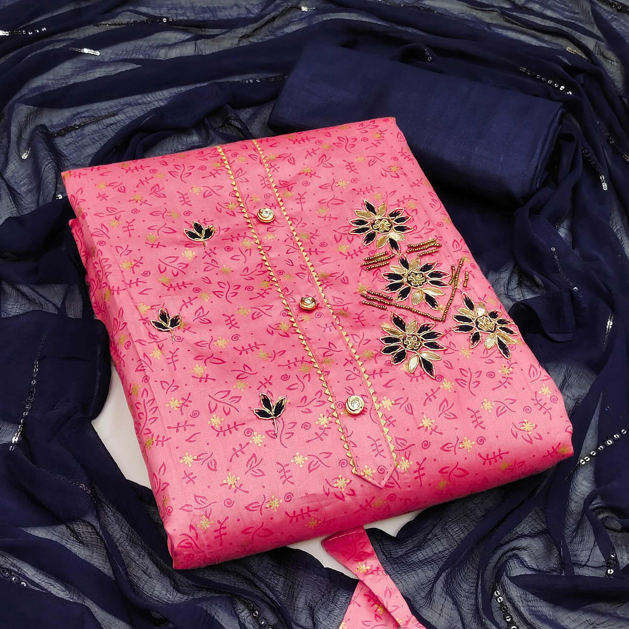 Pink Casual Wear Sequence & Printed Cotton Dress Material - Peachmode