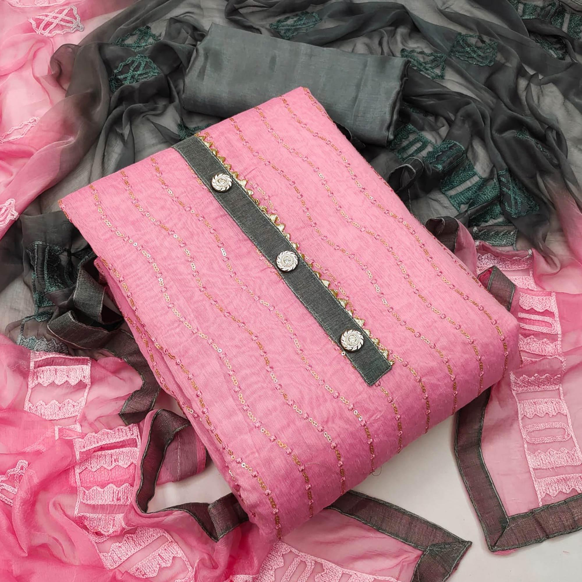 Pink Casual Wear Sequence Embroidered Chanderi Dress Material - Peachmode