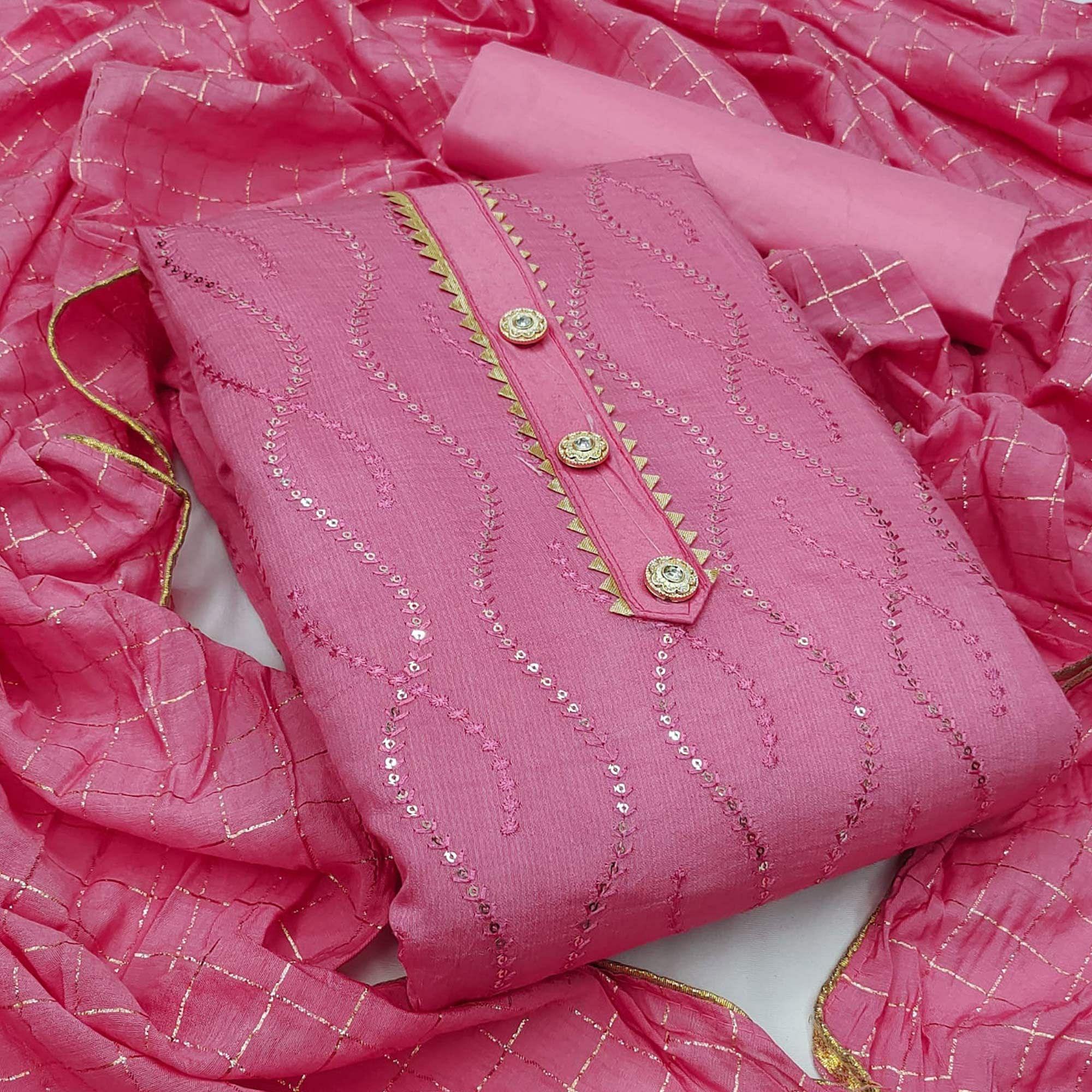 Pink Casual Wear Sequence Embroidered Dola Silk Dress Material - Peachmode