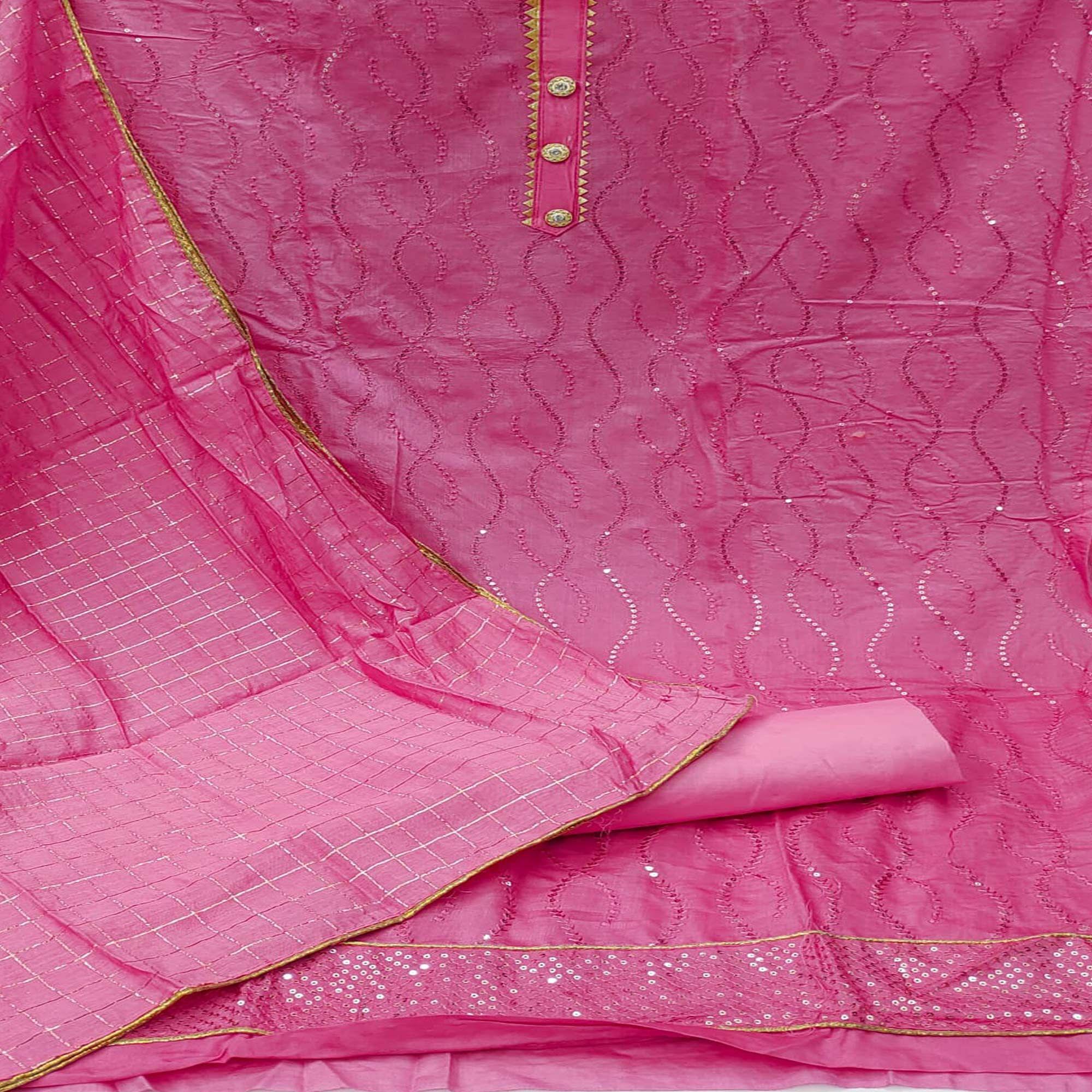 Pink Casual Wear Sequence Embroidered Dola Silk Dress Material - Peachmode