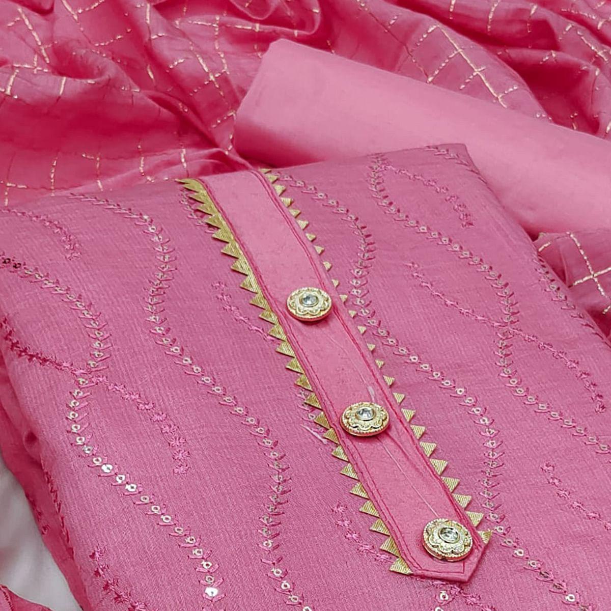 Pink Casual Wear Sequence Embroidered Dola Silk Dress Material - Peachmode