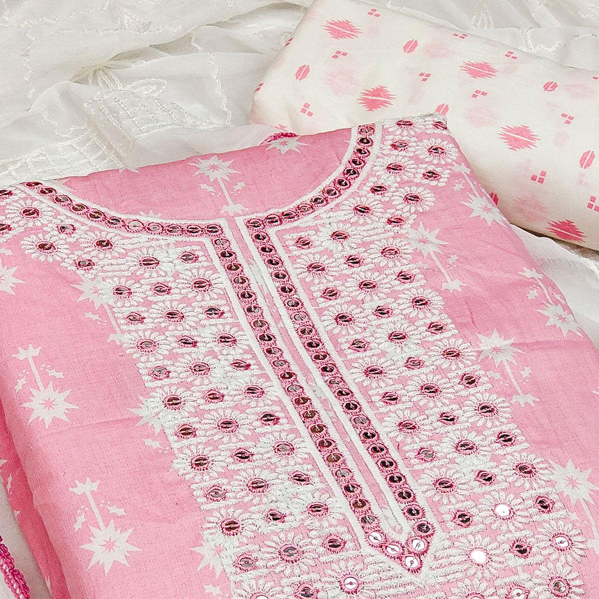 Pink Casual Wear Sequence Embroidery with Printed Cotton Dress Material - Peachmode