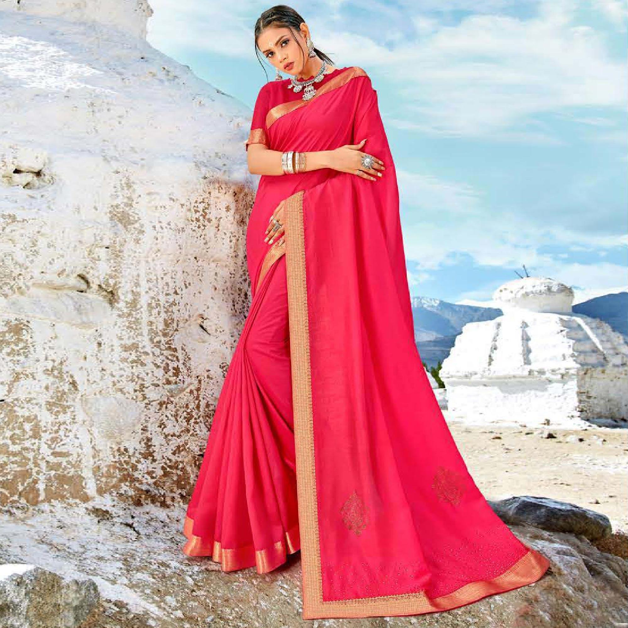 Pink Casual Wear Solid And Woven Silk Saree - Peachmode