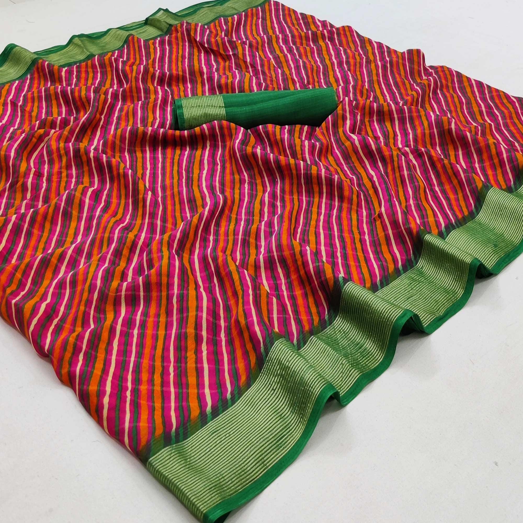 Pink Casual Wear Stripe Printed Chiffon Saree - Peachmode