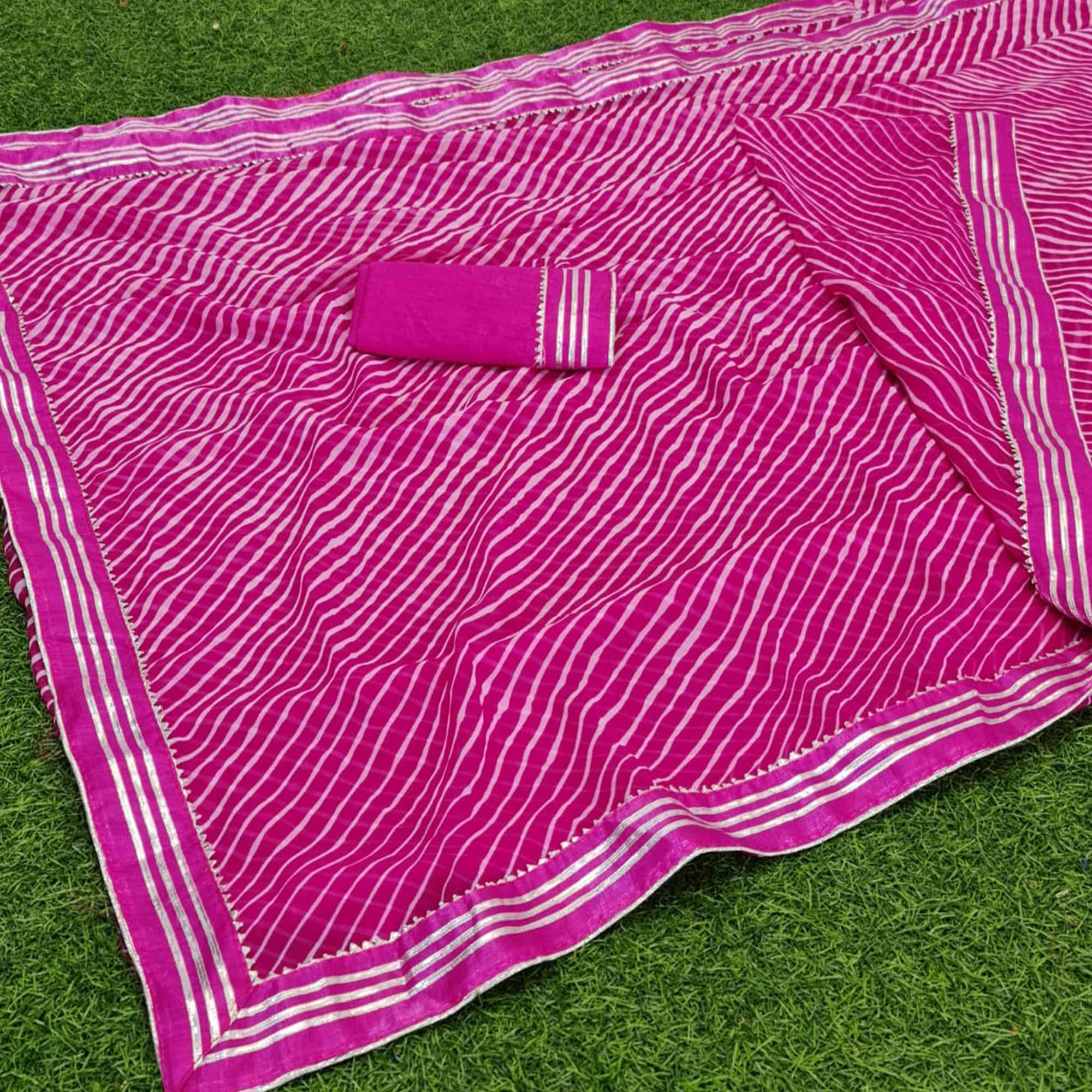 Pink Casual Wear Striped Printed Georgette Saree With Gotta Patti Lace Border - Peachmode