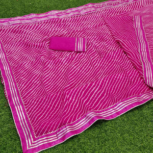 Pink Casual Wear Striped Printed Georgette Saree With Gotta Patti Lace Border - Peachmode