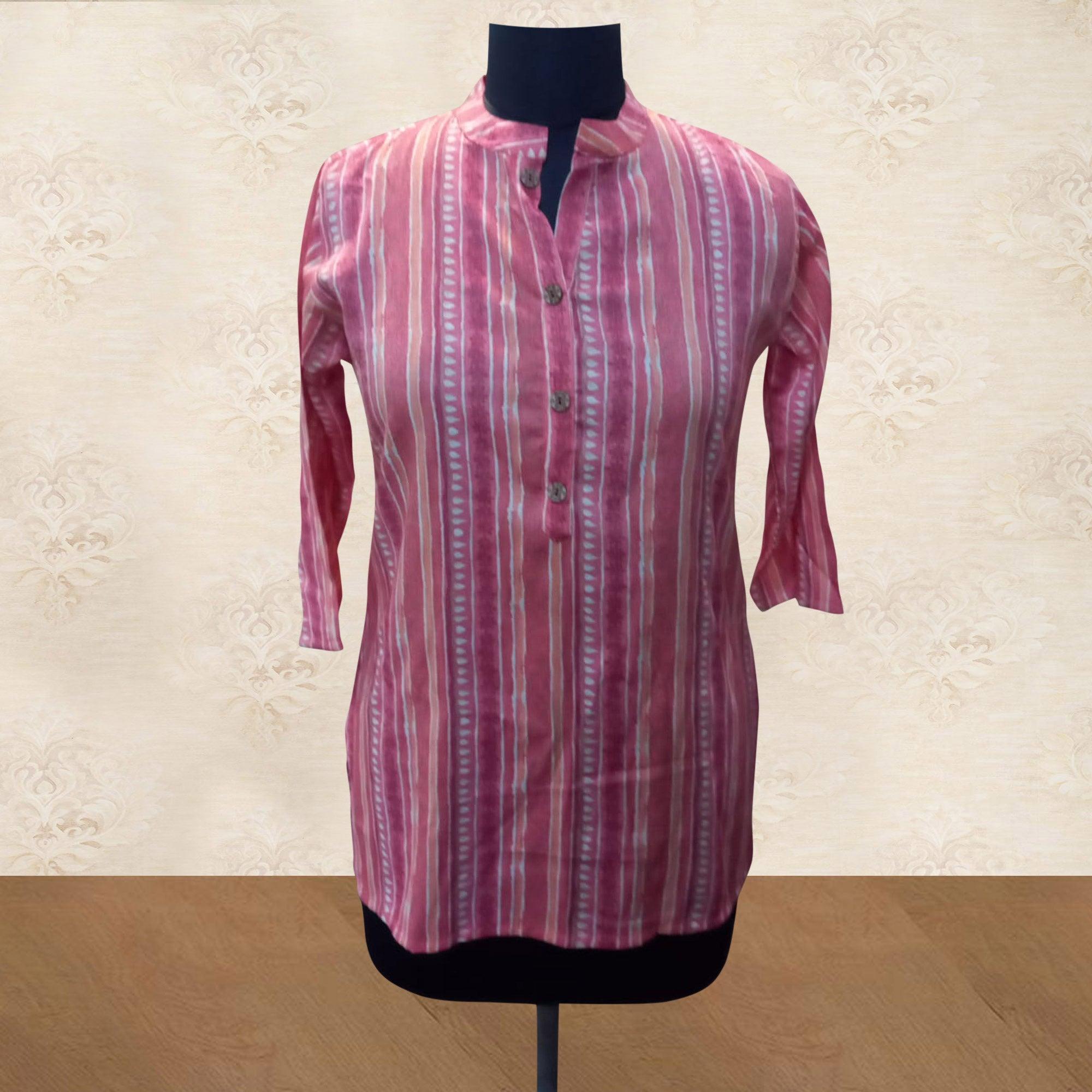 Pink Casual Wear Stripes Printed Rayon Top - Peachmode