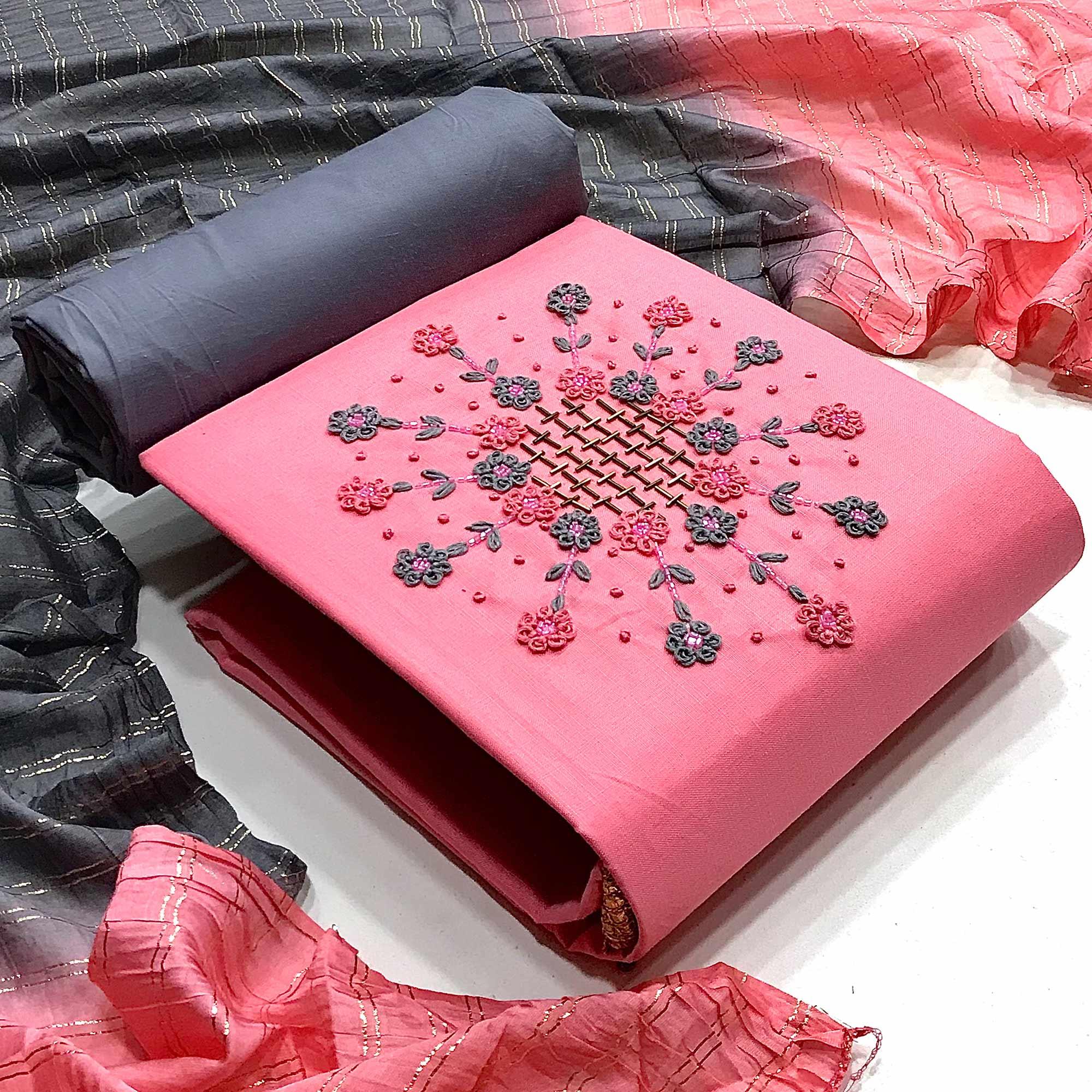 Pink Casual Wear Thread & Embellished Khatli Work Cotton Dress Material - Peachmode