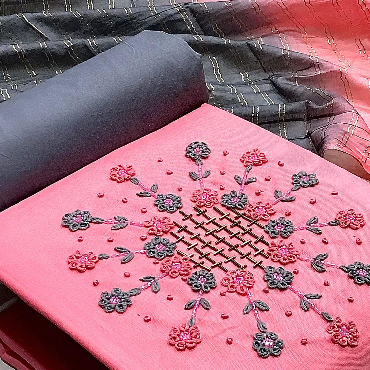 Pink Casual Wear Thread & Embellished Khatli Work Cotton Dress Material - Peachmode