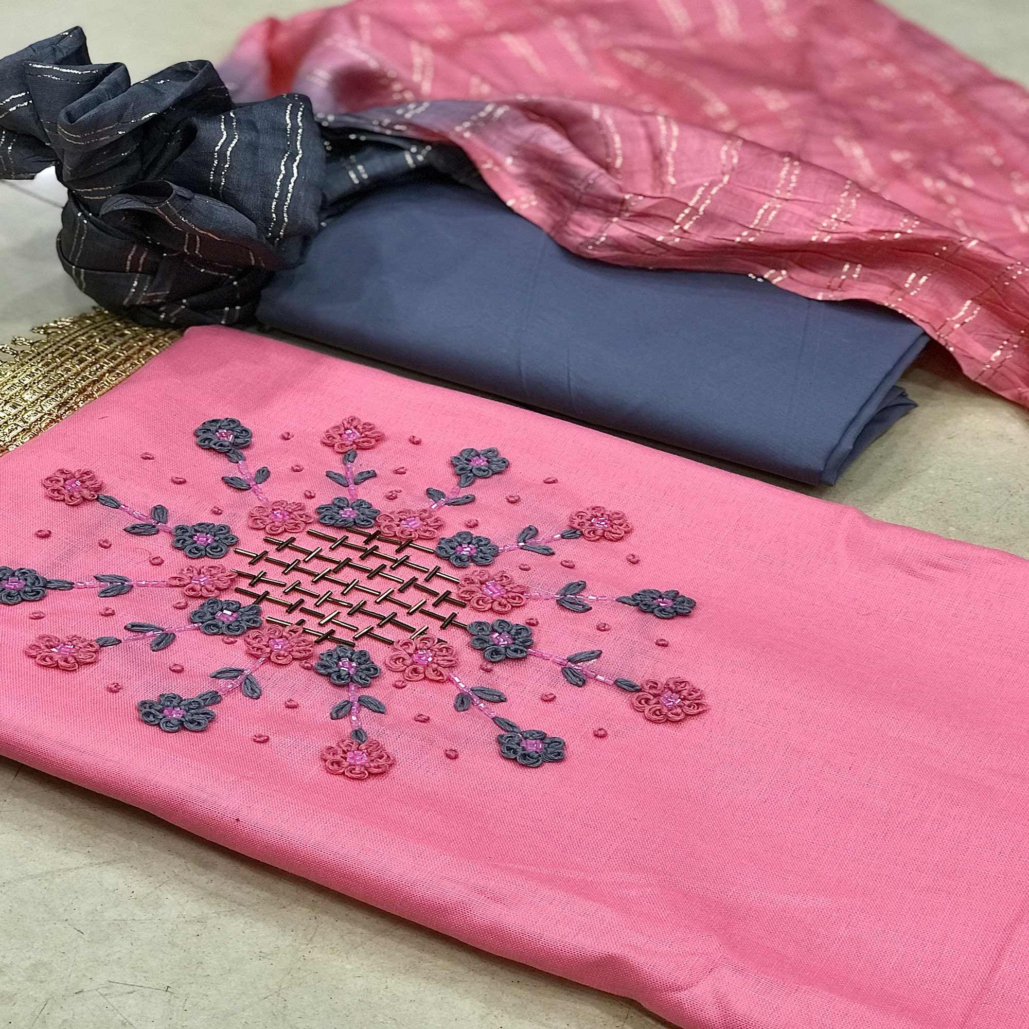 Pink Casual Wear Thread & Embellished Khatli Work Cotton Dress Material - Peachmode