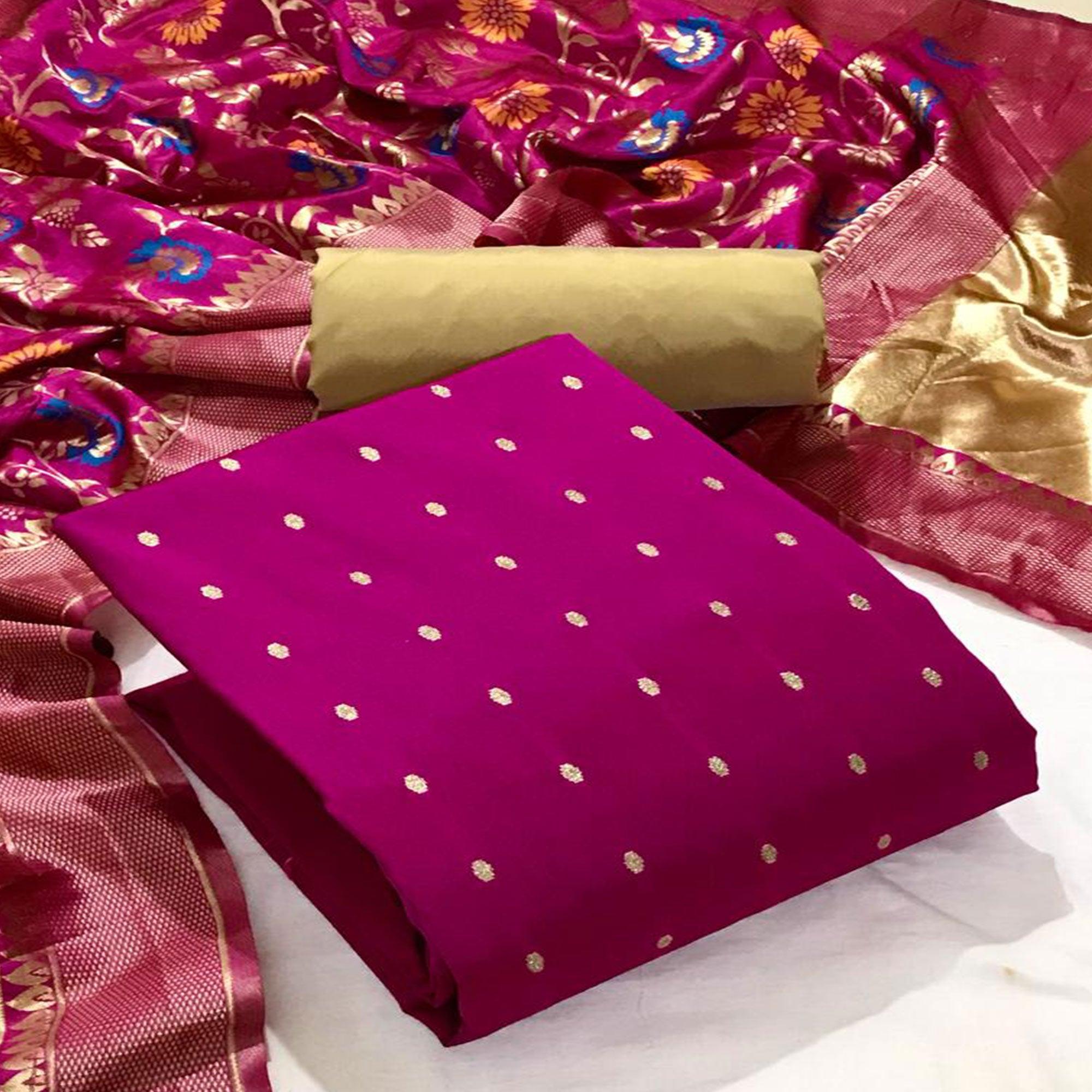 Pink Casual Wear Woven Banarasi Silk Dress Material - Peachmode