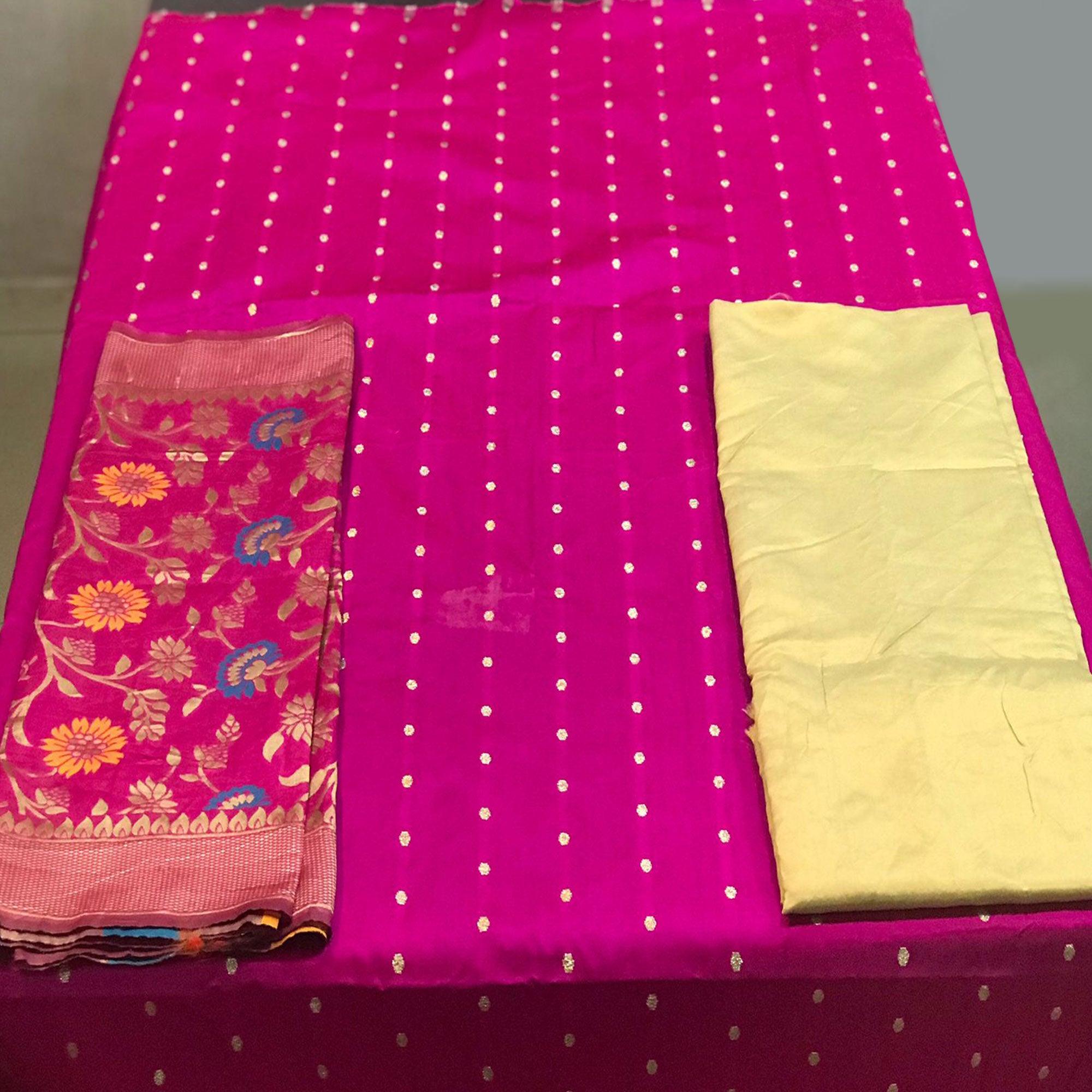 Pink Casual Wear Woven Banarasi Silk Dress Material - Peachmode