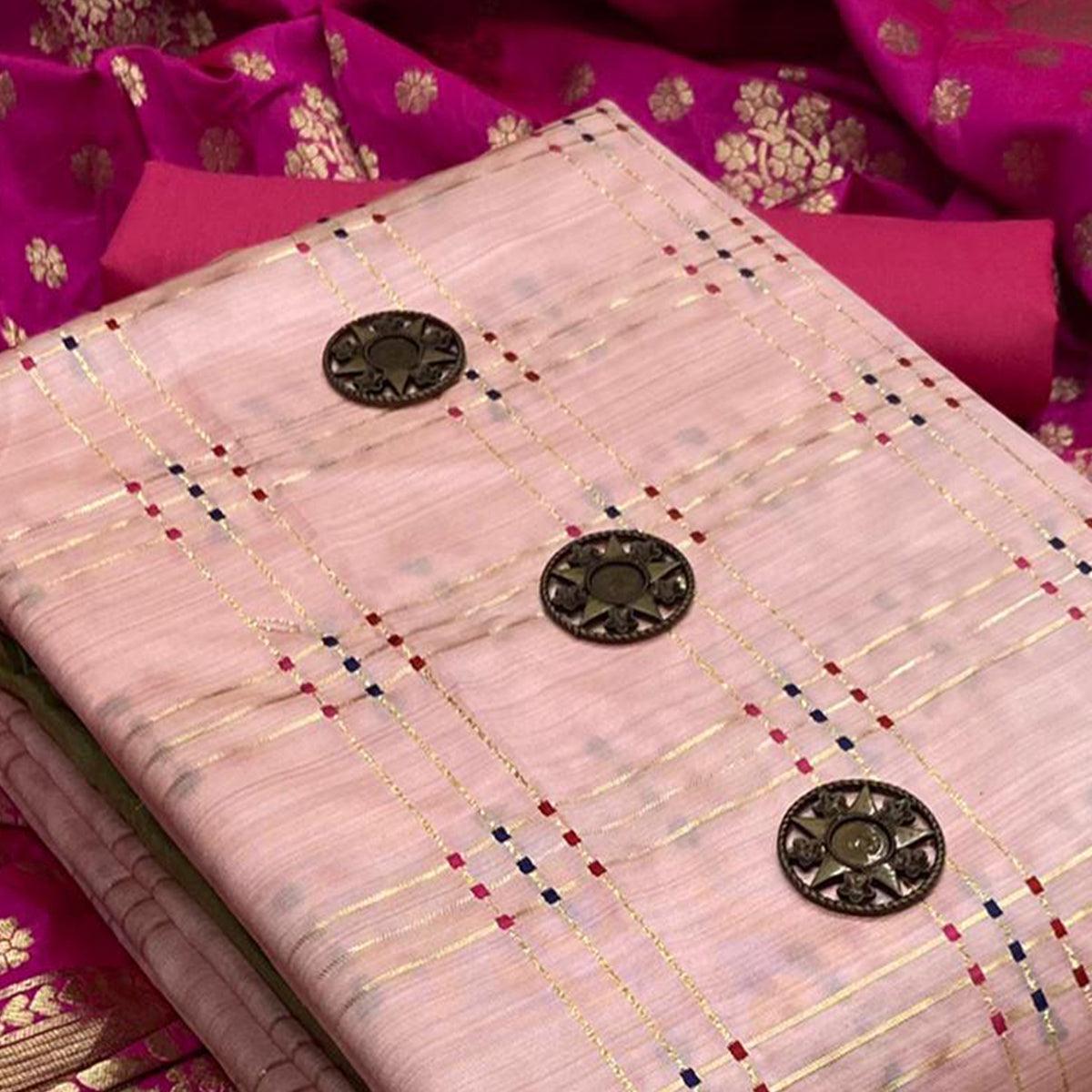 Pink Casual Wear Woven Banarasi Silk Dress Material - Peachmode