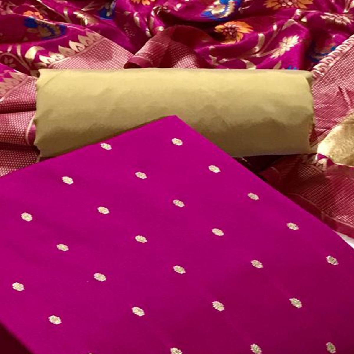 Pink Casual Wear Woven Banarasi Silk Dress Material - Peachmode