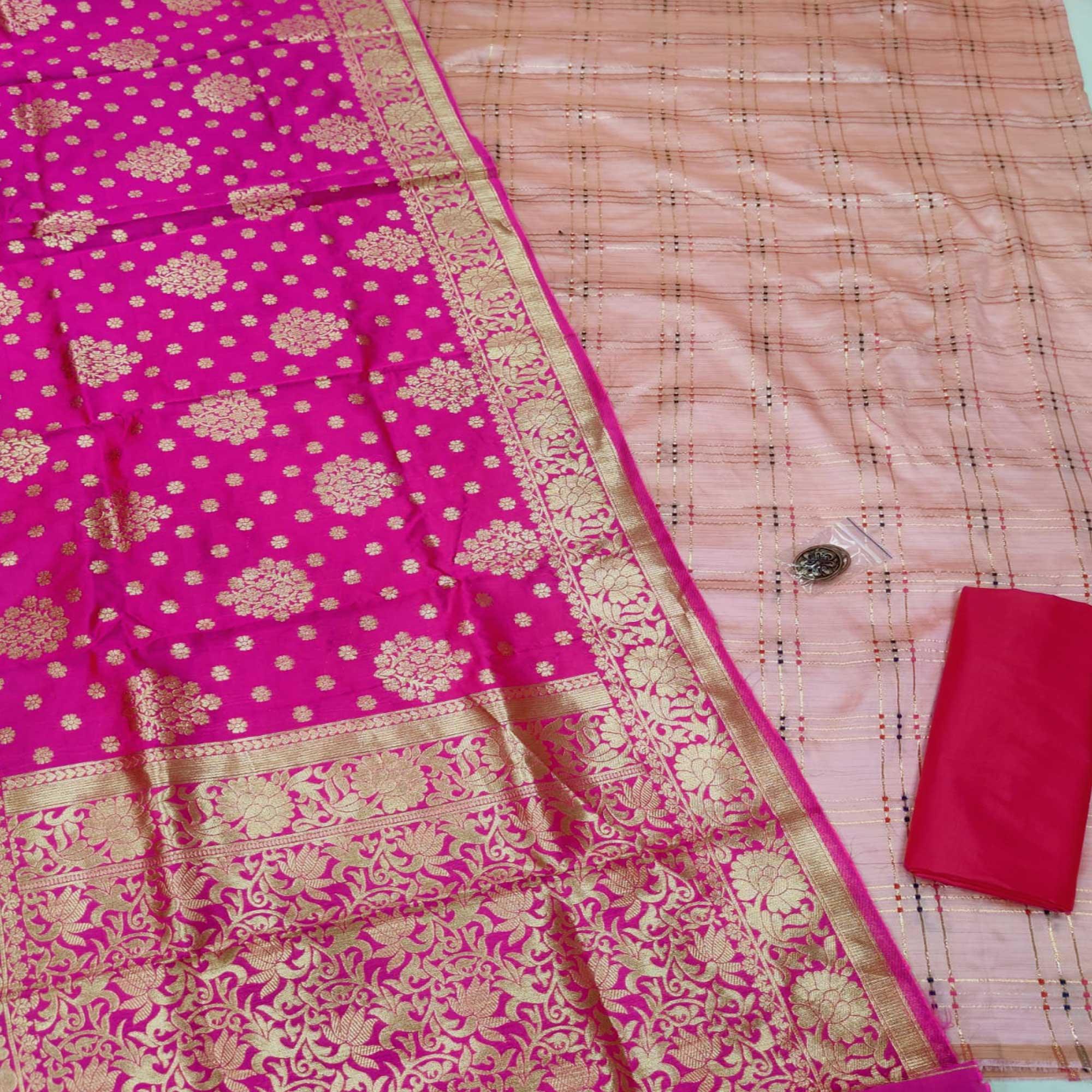 Pink Casual Wear Woven Banarasi Silk Dress Material - Peachmode