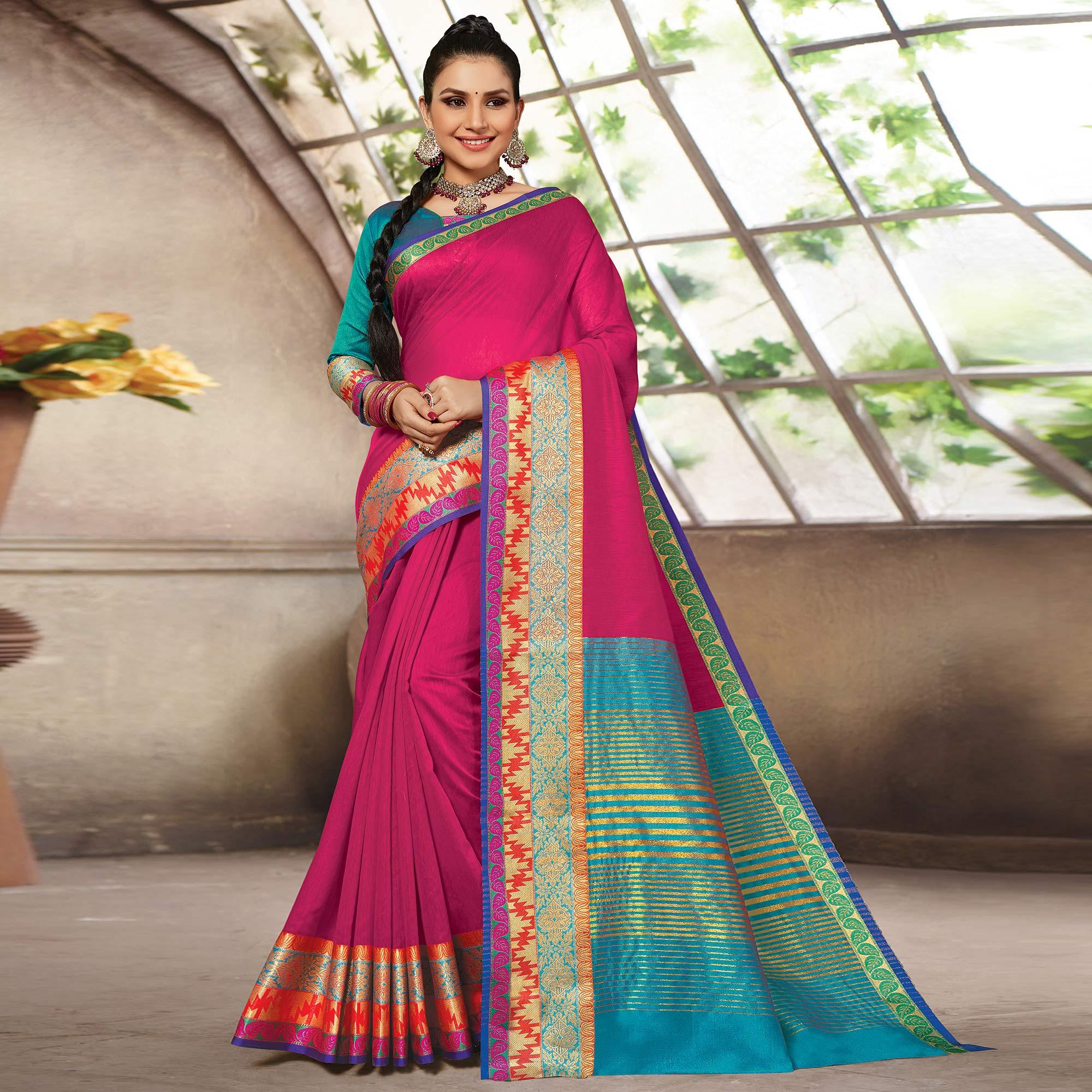 Pink Casual Wear Woven Cotton Handloom Saree - Peachmode