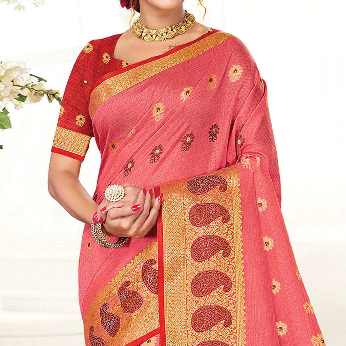 Pink Casual Wear Woven Cotton Handloom Saree - Peachmode