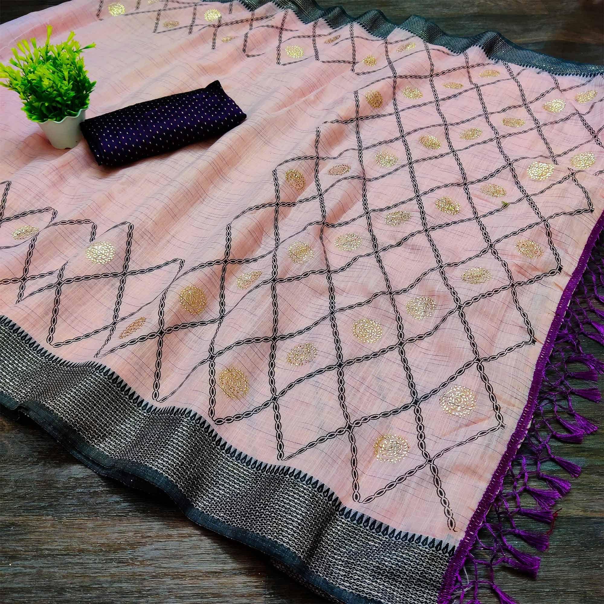 Pink Casual Wear Woven Cotton Saree With Mukaish Work - Peachmode