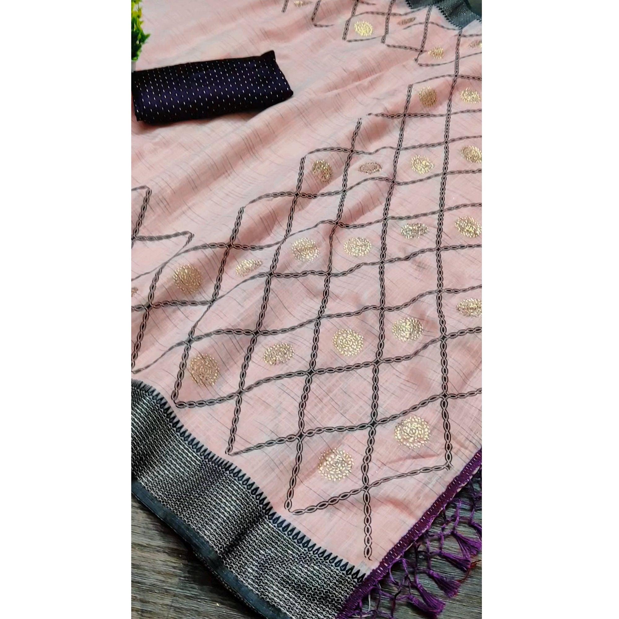 Pink Casual Wear Woven Cotton Saree With Mukaish Work - Peachmode