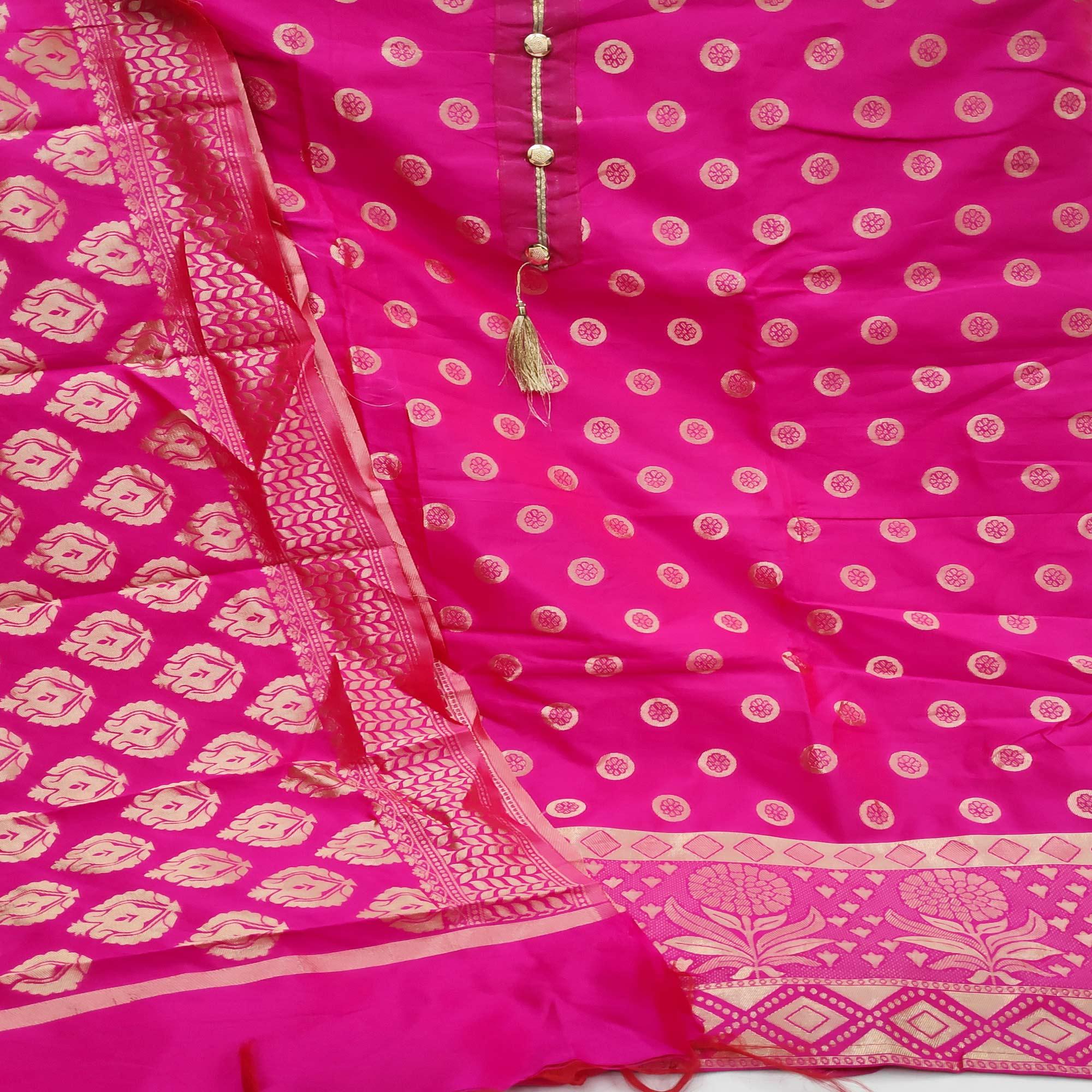 Pink Casual Wear Woven Jacquard Banarasi Silk Dress Material - Peachmode