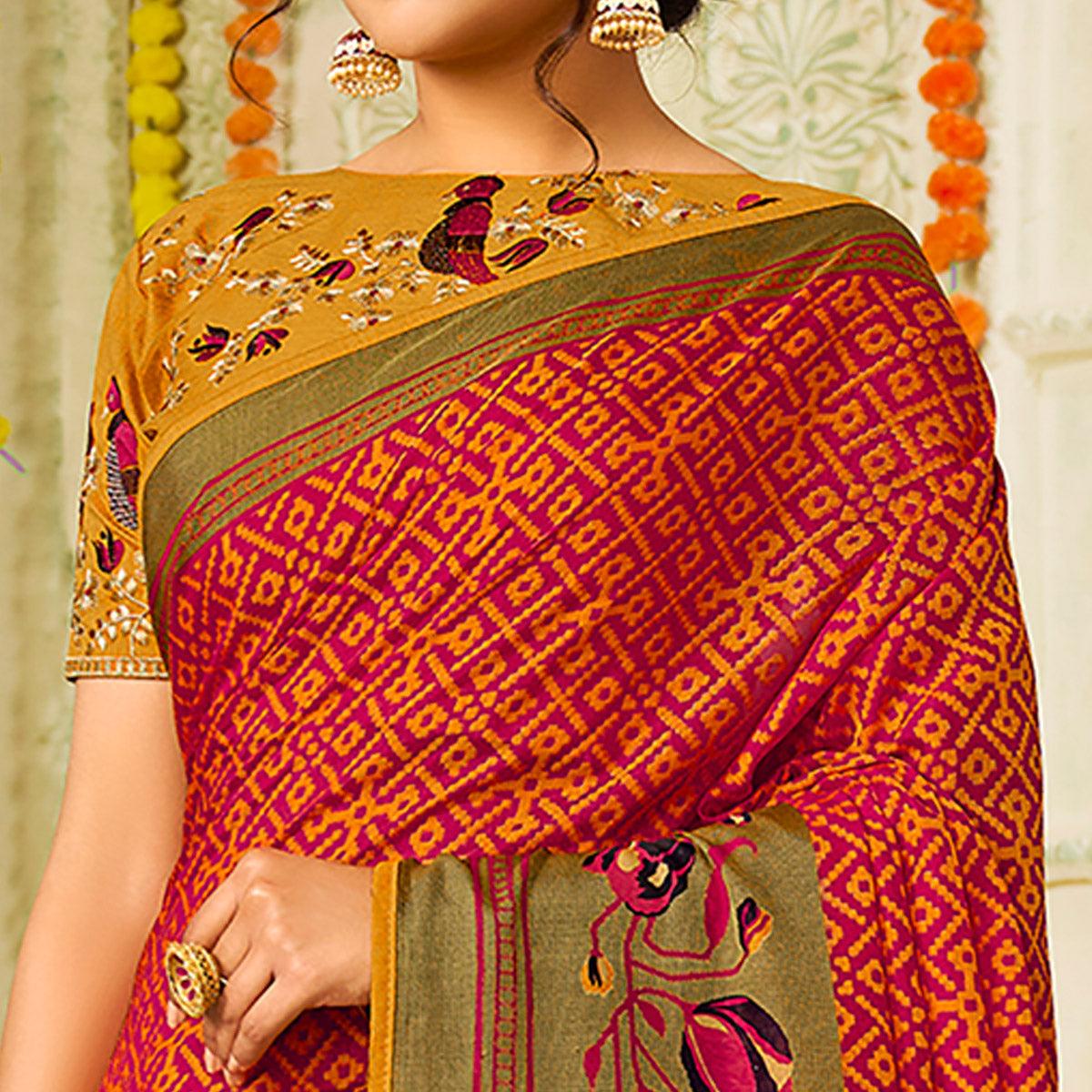 Pink Checks Printed Brasso Saree With Tassels - Peachmode
