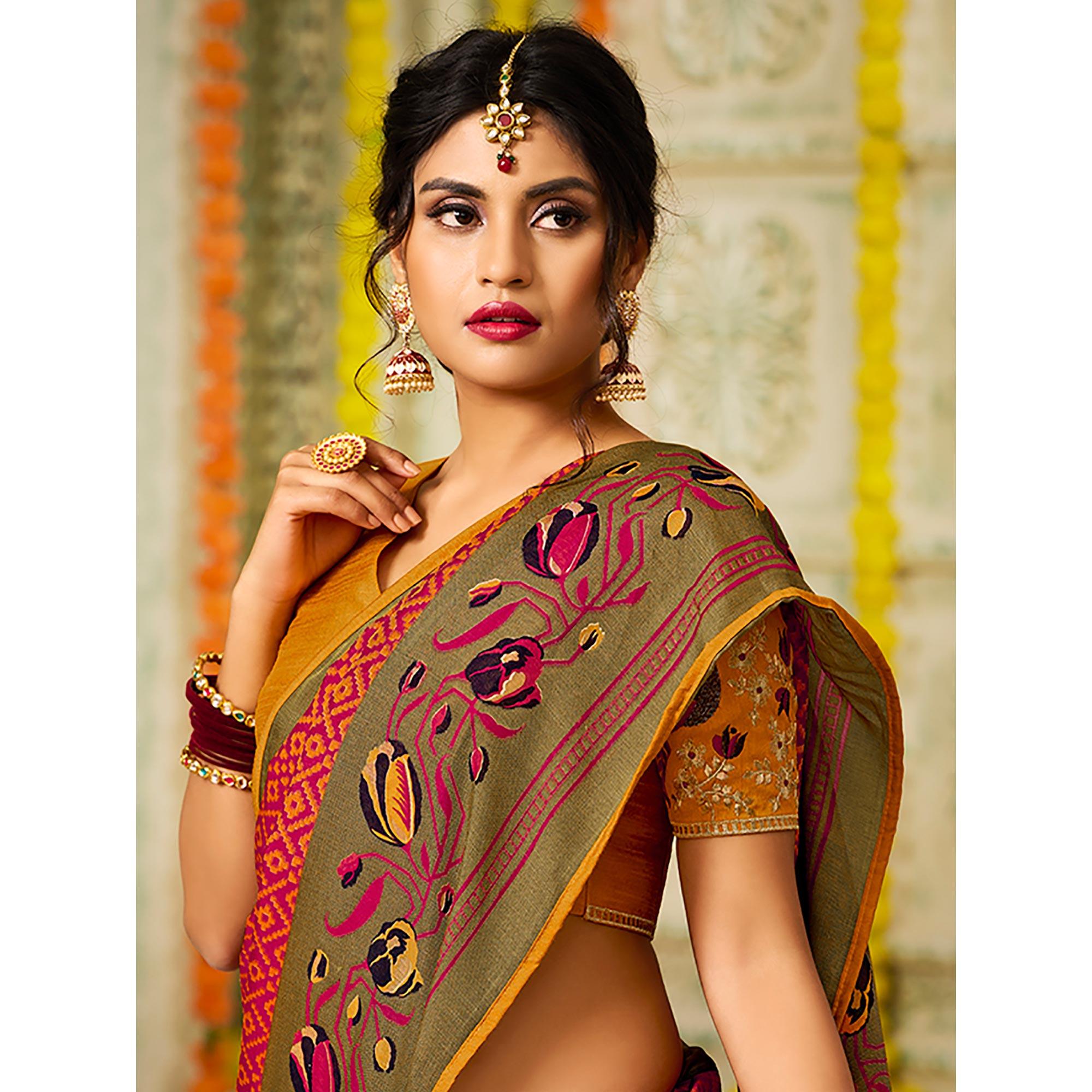 Pink Checks Printed Brasso Saree With Tassels - Peachmode