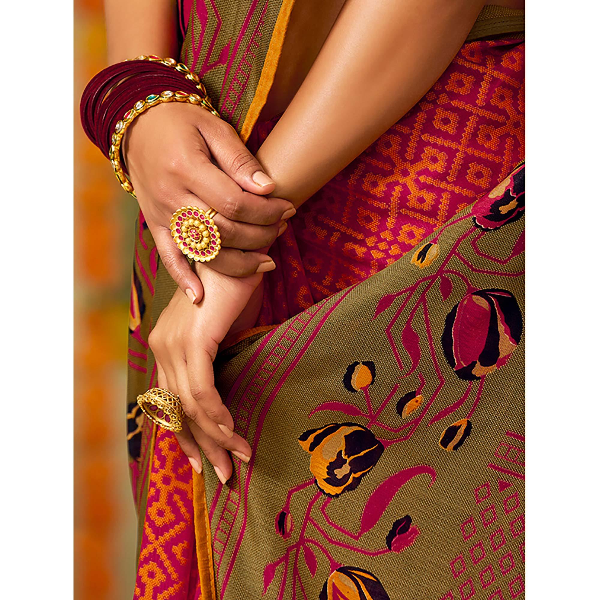 Pink Checks Printed Brasso Saree With Tassels - Peachmode