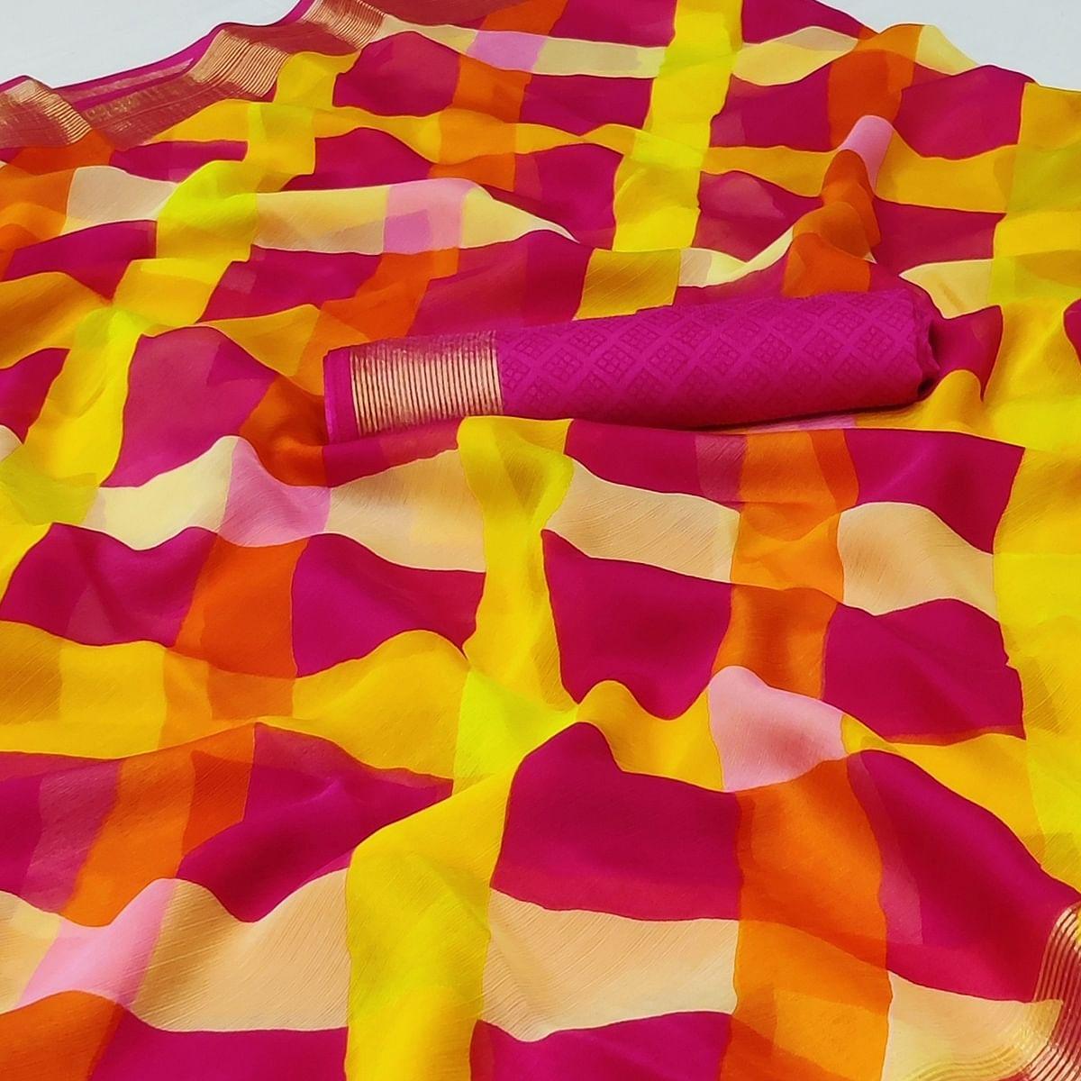 Pink Cheks Printed Chiffon Saree - Peachmode