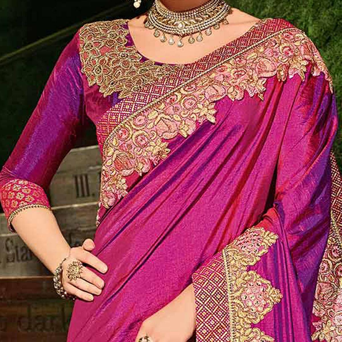 Pink Colored Designer Partywear Embroidered Silk Saree - Peachmode