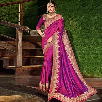 Pink Colored Designer Partywear Embroidered Silk Saree - Peachmode