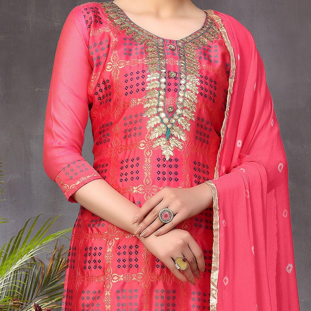 Pink Colored Festive Wear Woven Heavy Banarasi Silk Dress Material - Peachmode