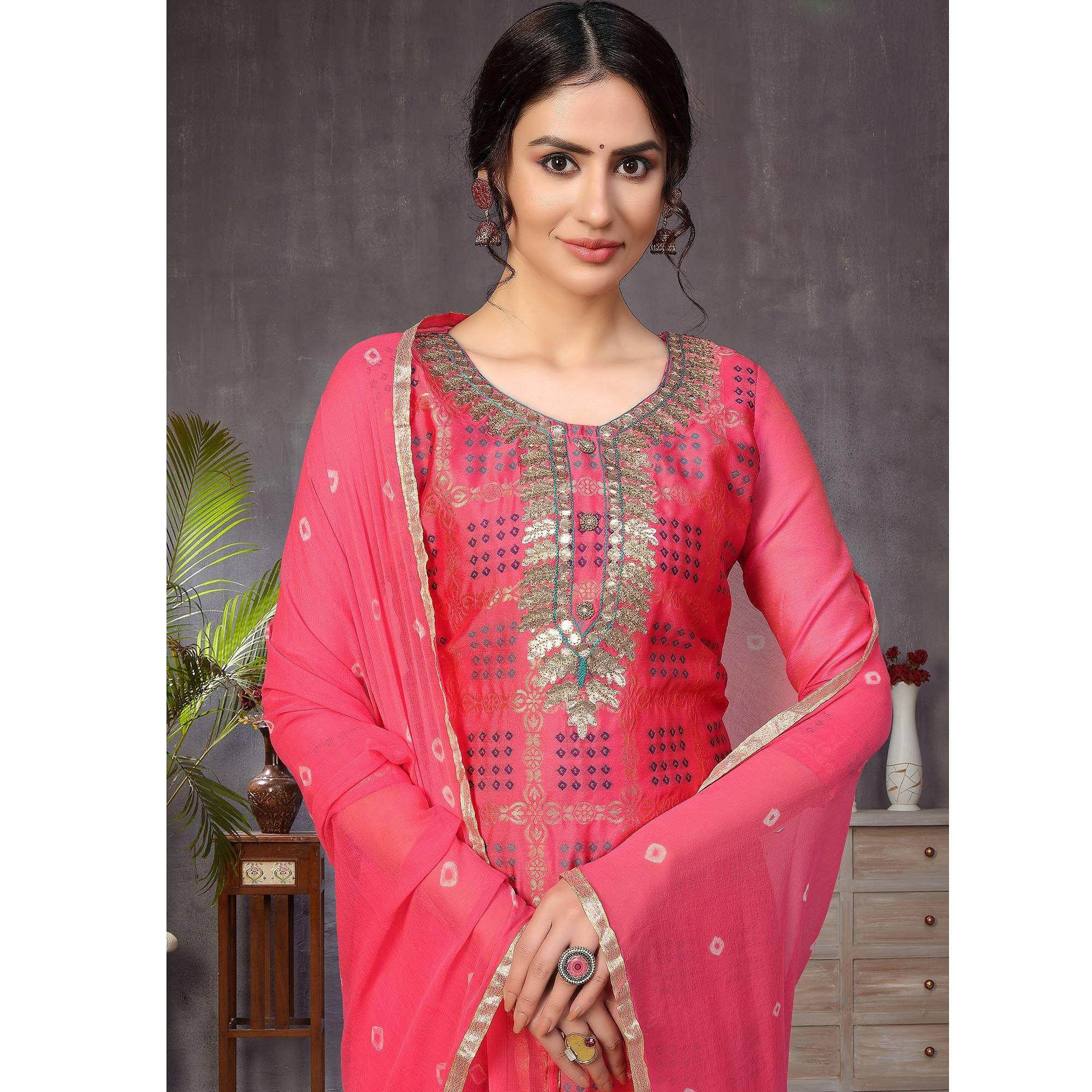 Pink Colored Festive Wear Woven Heavy Banarasi Silk Dress Material - Peachmode