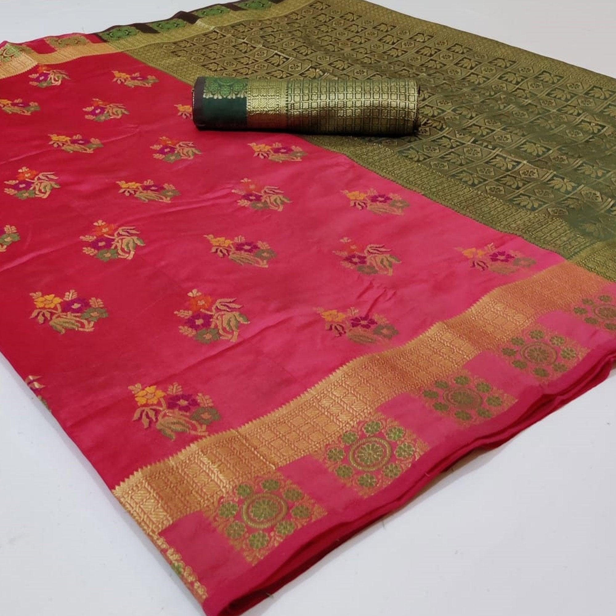Pink Colored Festive Wear Woven Silk Saree - Peachmode