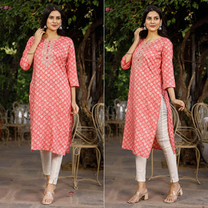 Pink Crayon Printed Rayon Kurti - Peachmode